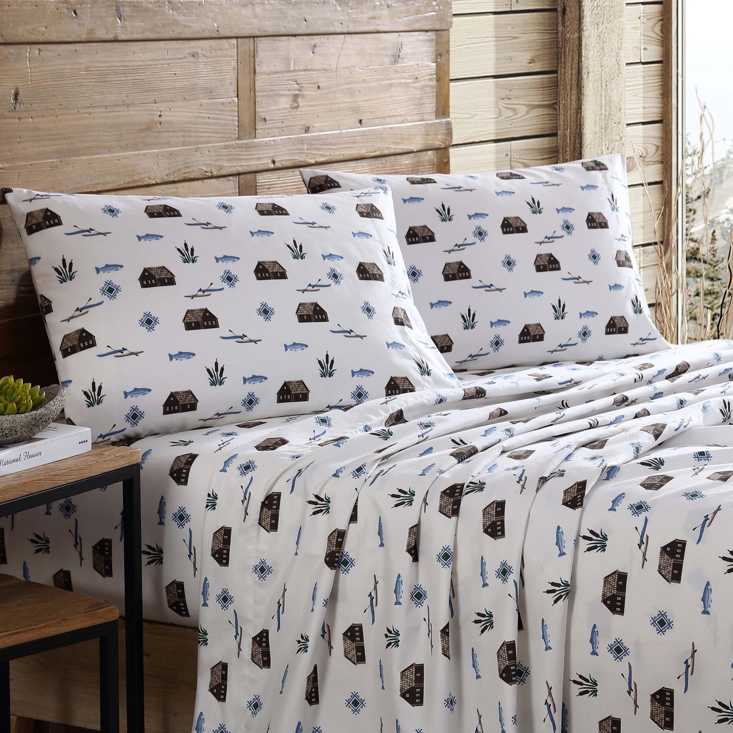 Beatrice Home Fashions Cozy Cabin 4-Piece Full Microfiber Bedding Sheet Set with Deep Pockets Rustic Patchwork Plaid Deer, Lake Day