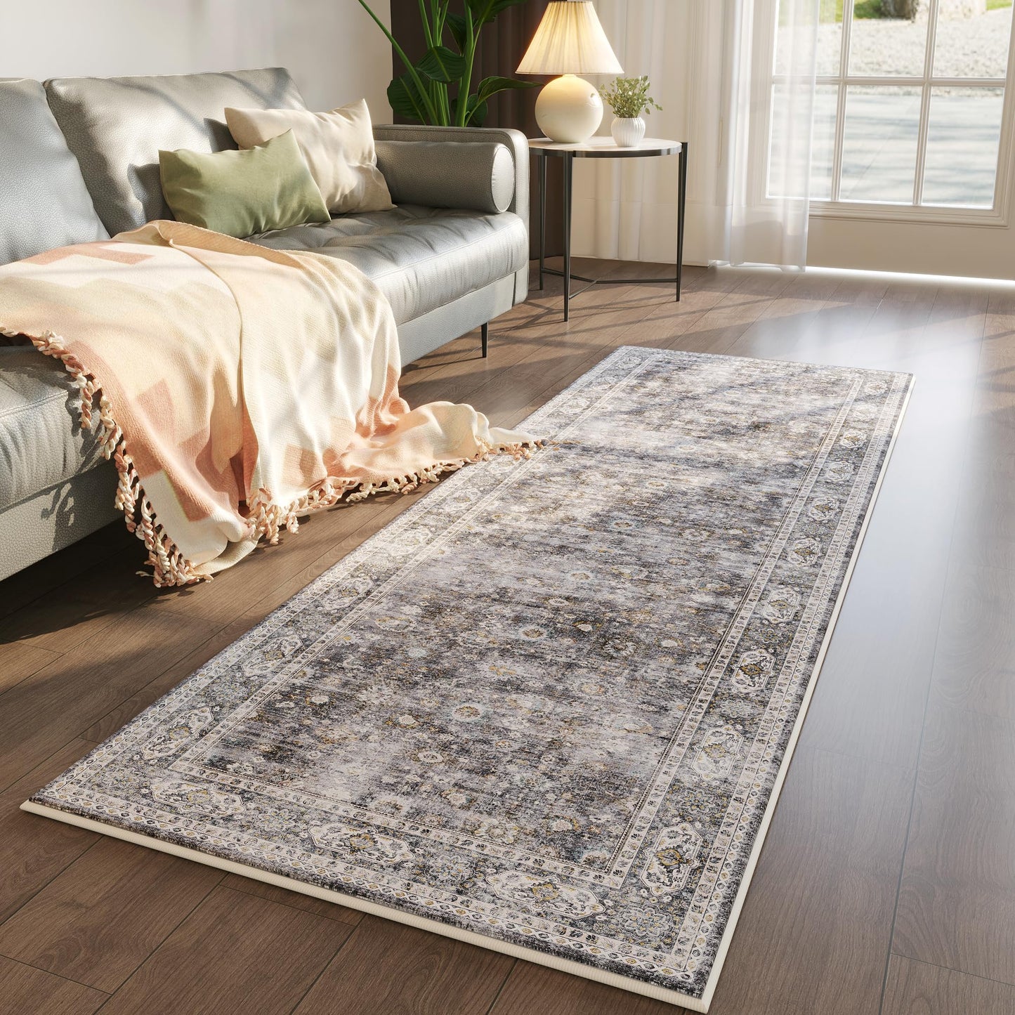Runner Rug Hallway Runner Rug Washable Kitchen Runner Rugs with Rubber Backing 2'6''x8' 100% Polyester Vintage Rug for Entryway Indoor, Kitchen, Laundry, Bedroom (Grey and Brown)