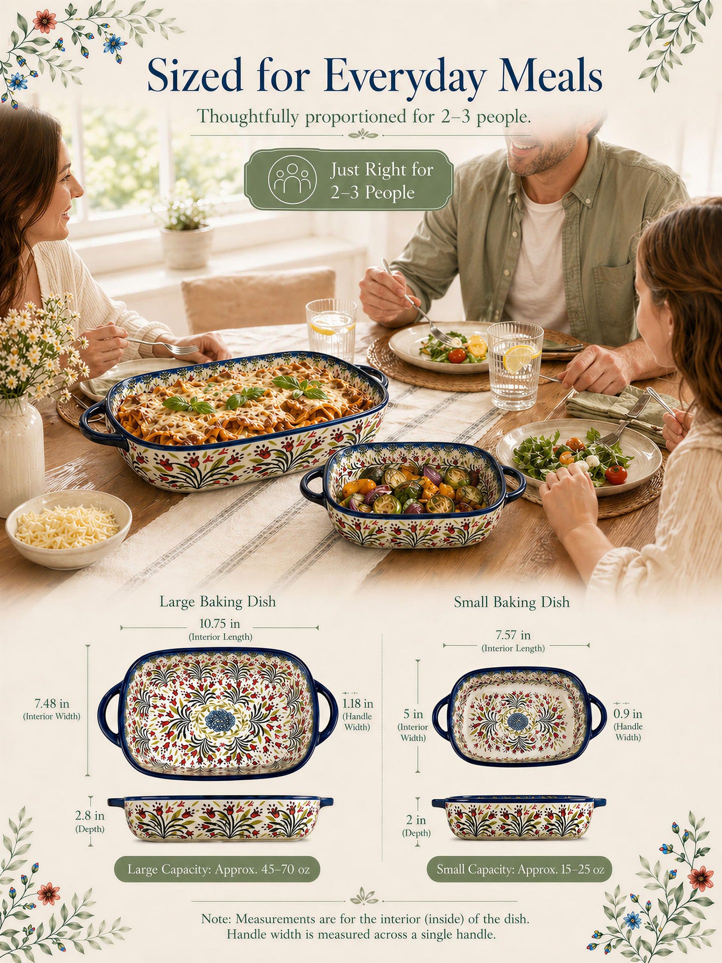 Polish Pottery Style Ceramic Baking Dish Set, 2-Piece Large & Small Casserole Bakers for 2–3 People, Floral Oven-to-Table Bakeware, Microwave & Dishwasher Safe, Gift-Ready with Protective Packaging