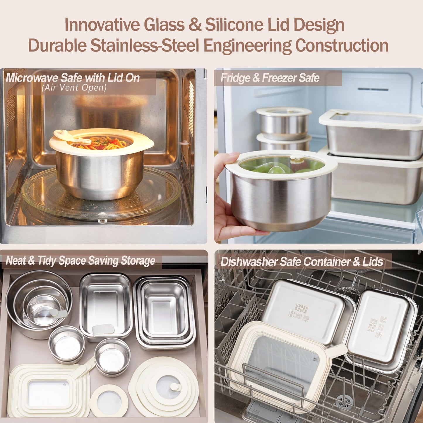 Urban Green Stainless Steel Food Containers with Glass Lid, Airtight Leakproof Stainless Steel Food Storage Container, Salad Bowl in set of 4, Round Shape, Microwave Safe, 100% Plastic Free