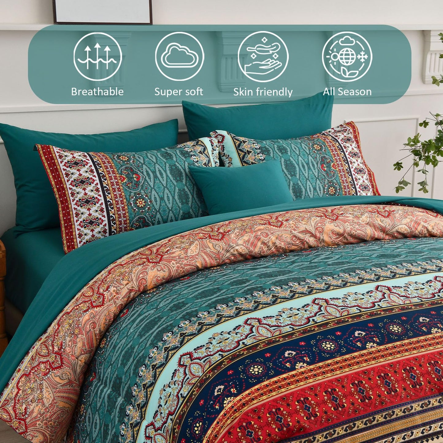 Cottolester Boho Queen Size Comforter Set 8 Pieces,Green and Brown Bohemian Striped Bed in a Bag,Floral Soft Microfiber Bedding Comforter Set