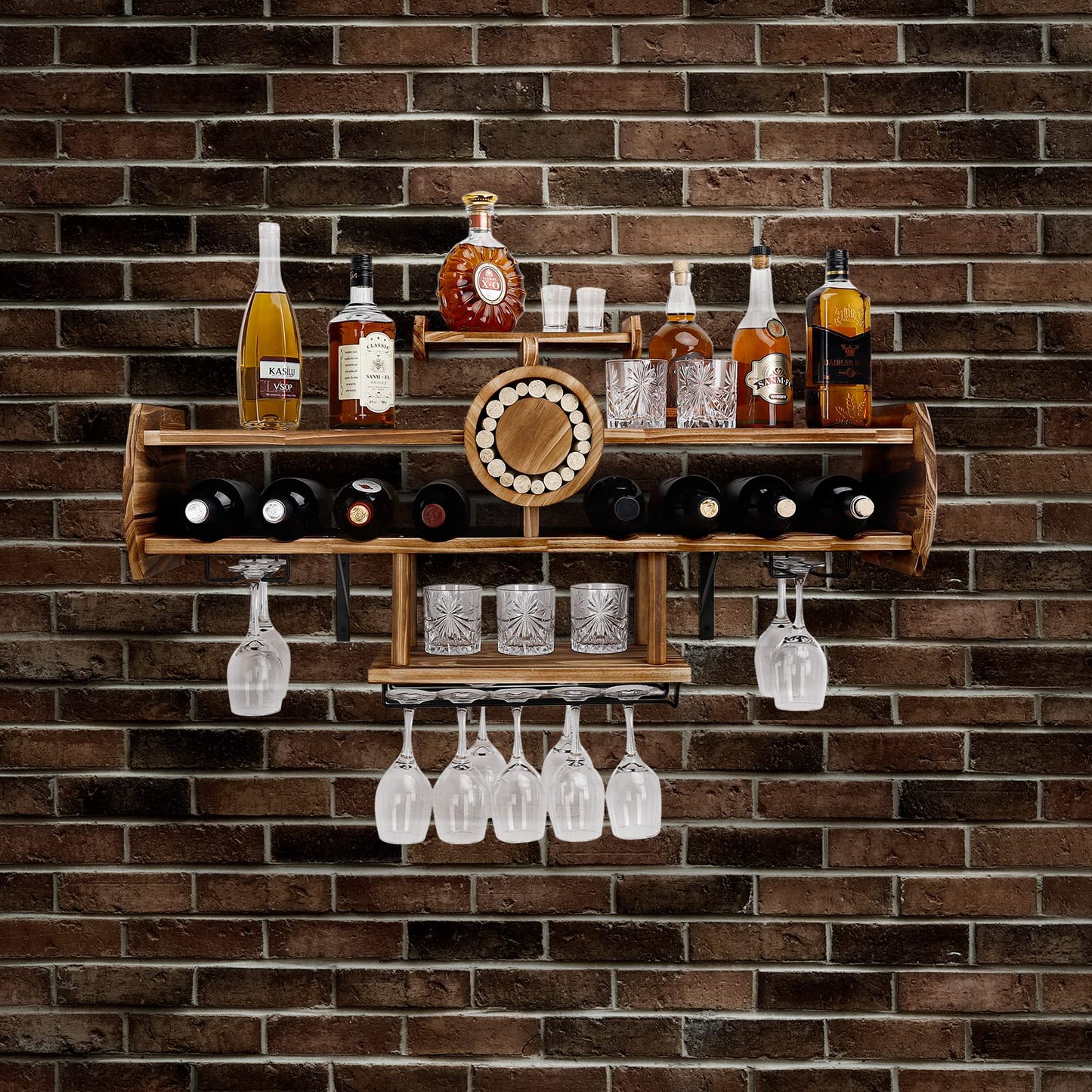 Homde Wine Rack Wall Mounted Wood,Alcohol Shelf with Bottle Stemware Glass Holder Rustic, Airplane Shape Multi Functional Liquor Display Storage for Home Bar (Light Brown)