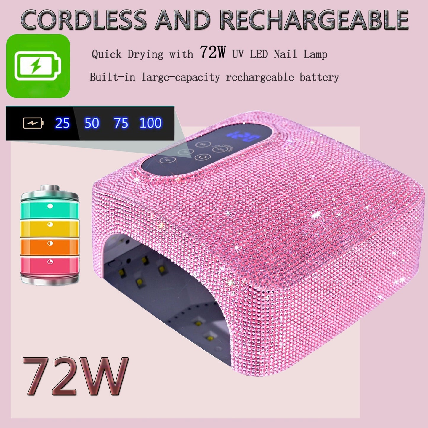 72W UV LED Nail Lamp,Rechargeable Cordless Nail Dryer,Portable UV Led Nail Light with Full Diamond on Surface,Professional Curing Gel Polish Acrylic Nails Tools for Home & Salon