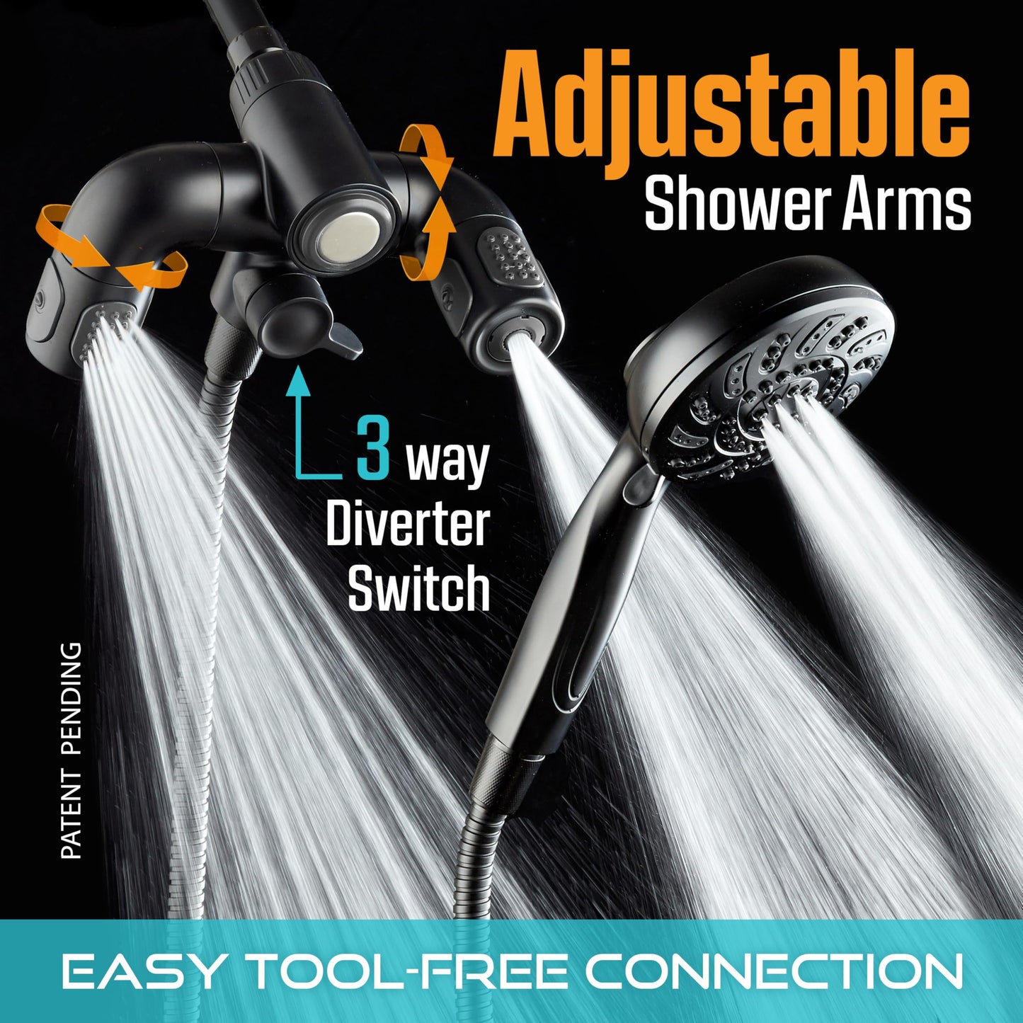 Aquadance High Pressure 156 Setting 14 Zone Shower Head & Handheld 3-way Combo System - Magnetic Docking, 314 Power Jets, Dual Adjustable Arms, 6 ft. Metal Hose, Matte Black Finish, Top American Brand