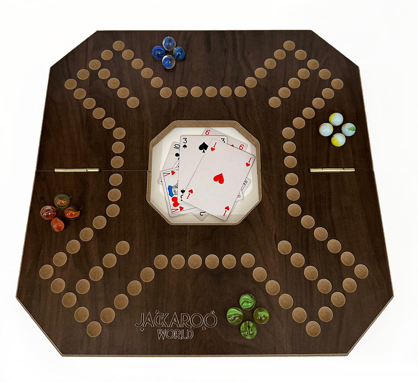 Jackaroo Board Game - 2-4 Player Cards and Marbles Board Game - Marble Chase Game - Carbles Game with Cards - Jokers and Marbles Game - Wahoo Wooden Board Foldable and Open in The Middle (Walnut)