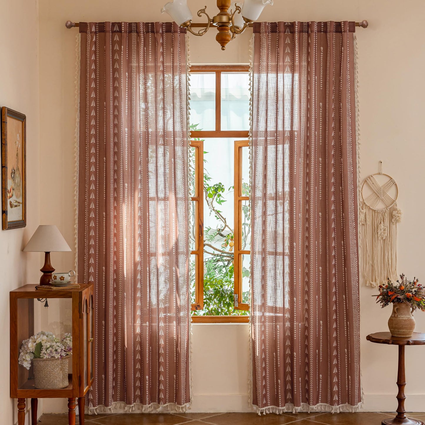 MEETSKY Boho Curtains for Living Room, Terracotta Curtains 84 Inch Long Linen Blended Semi Sheer Curtains with Tassels Back Tab, Light Filtering Patterned Drapes 50" W x 84" L Each Panel, 2 Panels