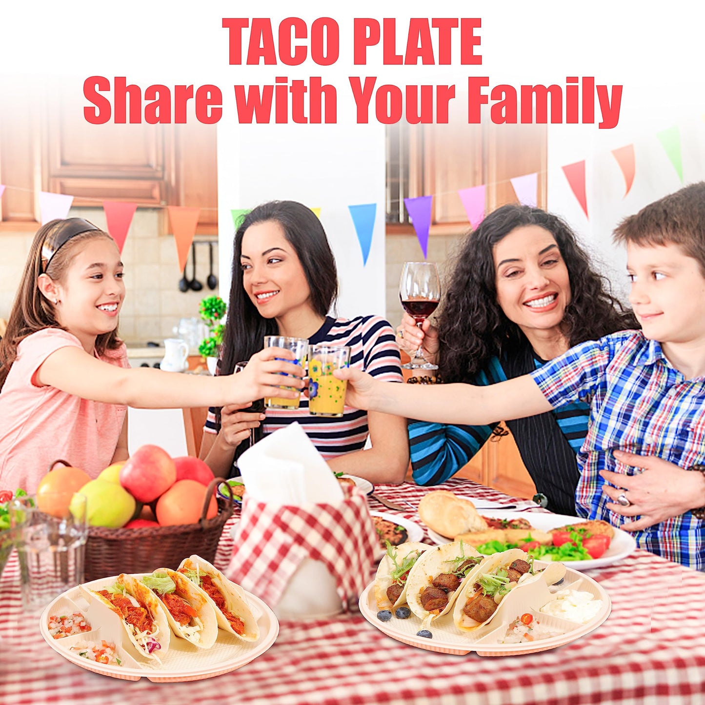 Large Disposable Taco Plates with Room for Sides, Biodegradable Cornstarch, Fits 6-8 Inch Soft or Hard Tortillas, Perfect for Taco Tuesdays, Party, Night, Bar, and Fiesta, Microwave Safe – 60 Pack