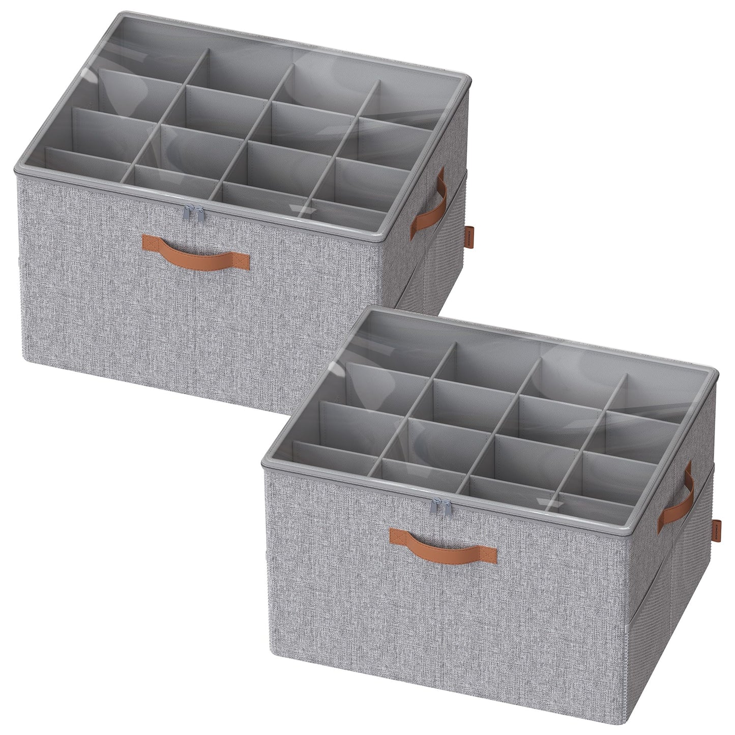 SONGMICS Shoe Organizers for Closet, Pack 2 Shoe Storage Bins, Fits 32 Pairs, Fabric Containers with Handles and Clear Cover, Adjustable Dividers, Customizable, Dove Gray ULSP556G01