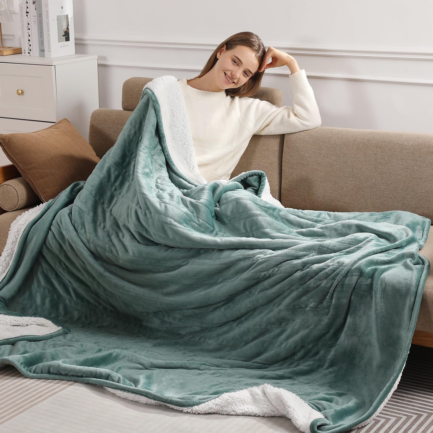 Electric Blanket Twin 62''X84'' Heated Blanket Green, Ultra Soft Silky Flannel & Fluffy Sherpa Heating Blanket with 5 Heat Levels & 10 Hrs Timer, ETL Certified & Overheat Protection, Gifts for Grandma