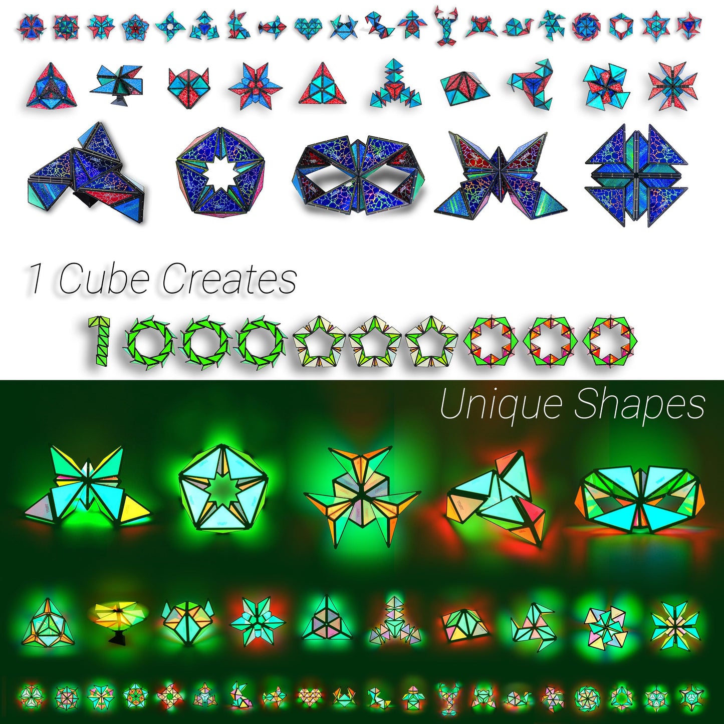 TOSY Magnet Pyramid Glow - 1 Cube Transforms into 1 Billion Shapes, 12 Pieces, 243 Rare Earth Magnets, Glowing, Holographic Design Magnet Tiles Creative Puzzle STEM/STEAM Toy, 4-Pack