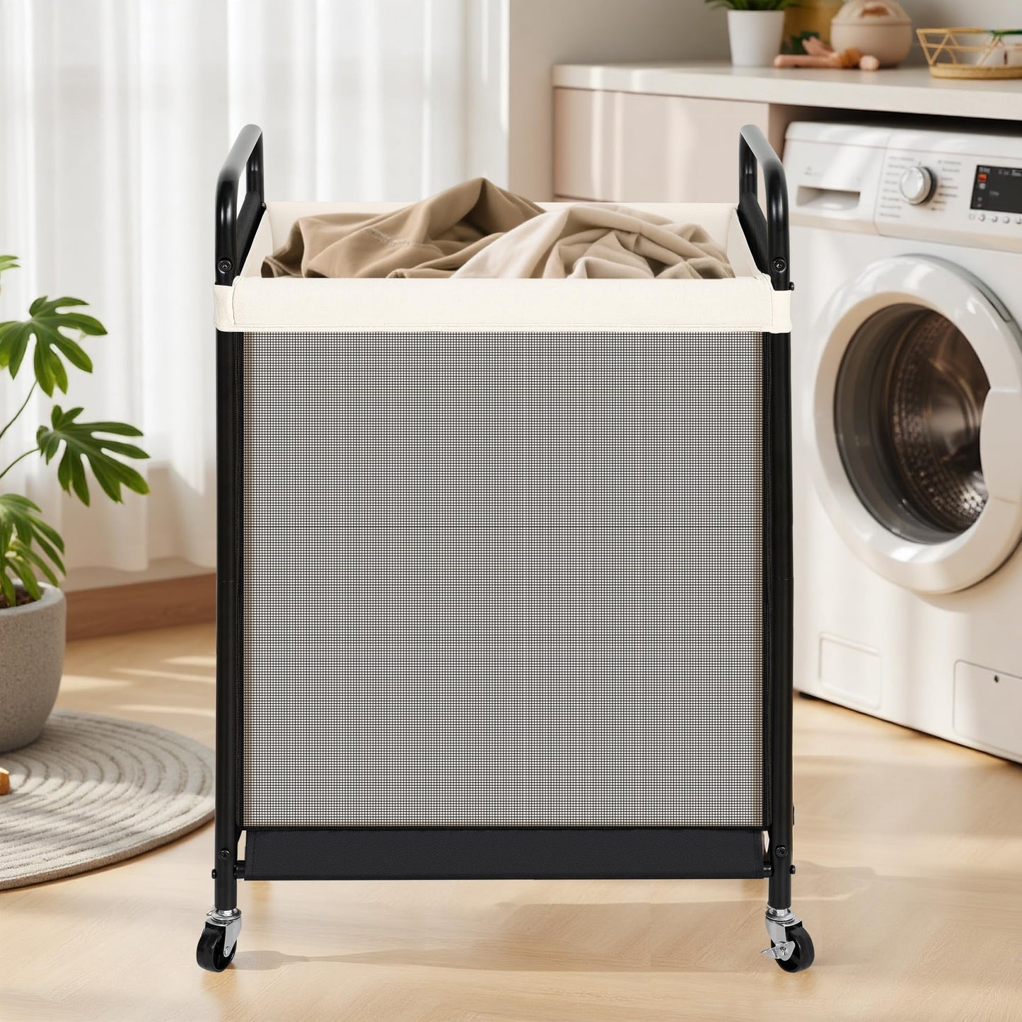 STO STO 120L Large Laundry Hamper with Wheels, Rolling Laundry Basket Cart with Removable Canvas Liner Bag, Lockable Wheels, Metal Frame, Dirty Clothes Hamper for Bedroom, Bathroom, Laundry Room