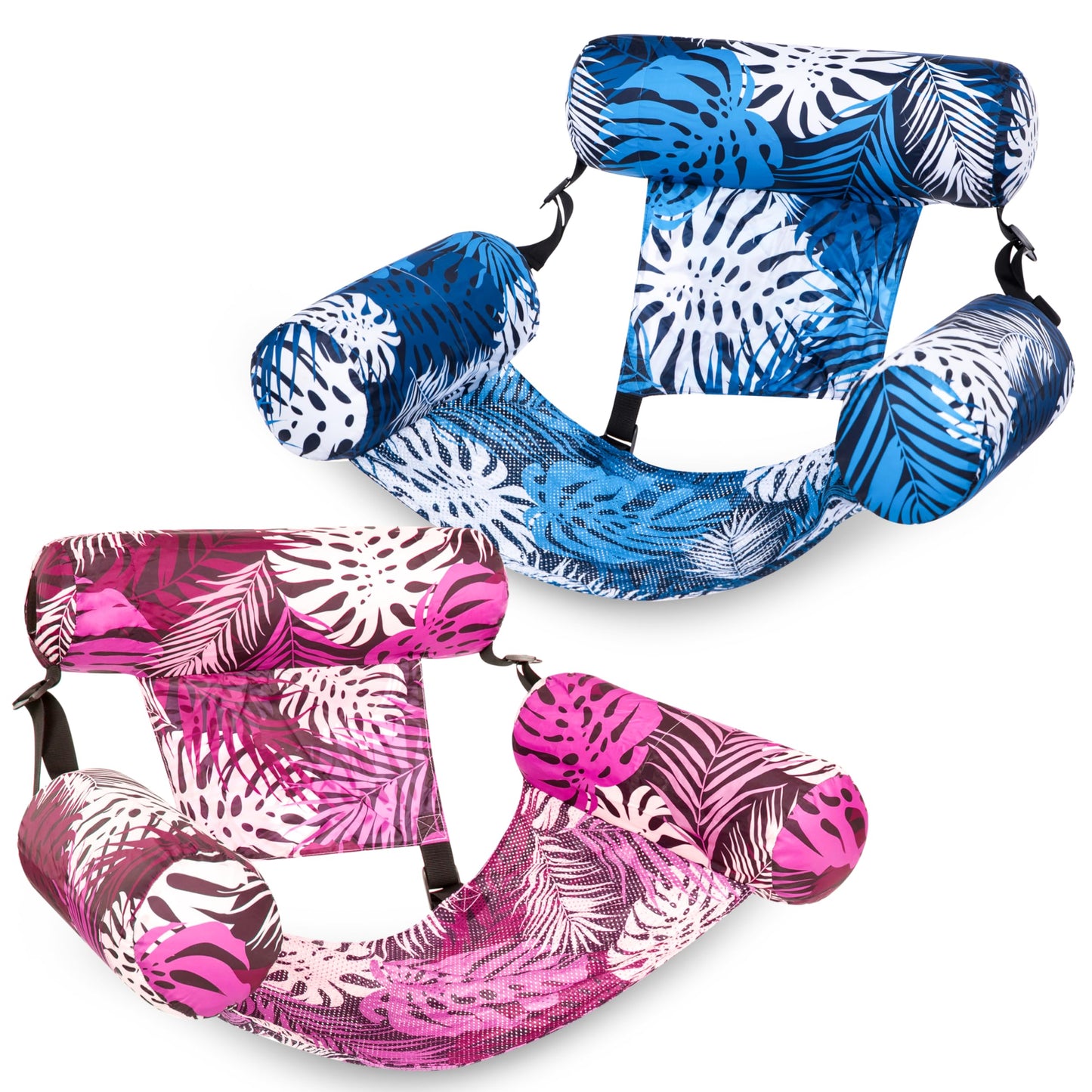 SLOOSH Inflatable Pool Floats Adult,2 Packs Floating Lounge Chairs,Blow up Pool Noodles for Adult Heavy Duty,Floating Chair for Party Summer Water Beach Lake Fun,Tropical Leaves-Pink,Blue