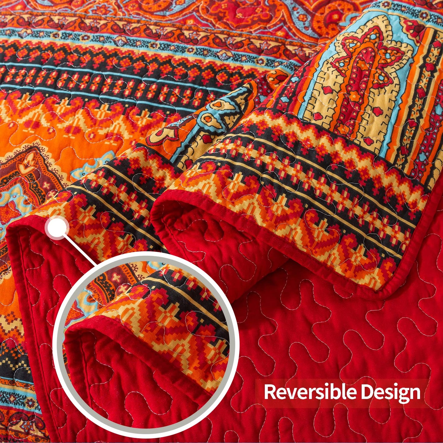 VAPUTAR Cotton Quilt King Size Bedding Set - 3 Pieces King Quilt Bedding Set, Boho King Size Quilts, Lightweight Reversible Coverlets Bedspreads for Farmhouse Bedroom (Red/Orange)