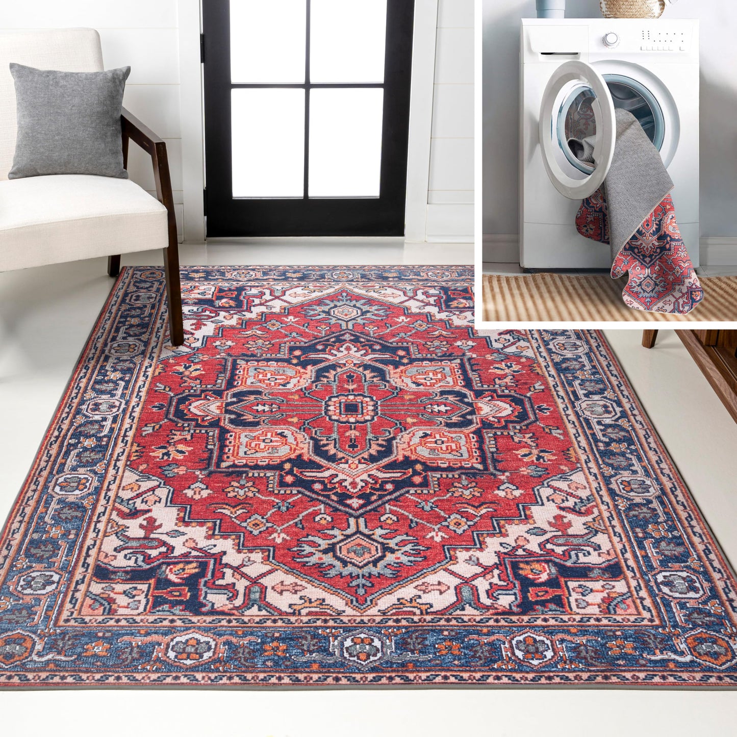 JONATHAN Y Machine Washable Red/Navy Indoor Area Rug 4X6 ft, Cirali Ornate Large Medallion for Living Room, Bedroom, Kitchen, Office, Easy-Cleaning, High Traffic, Pet-Friendly, Non-Shedding WSH105A-4