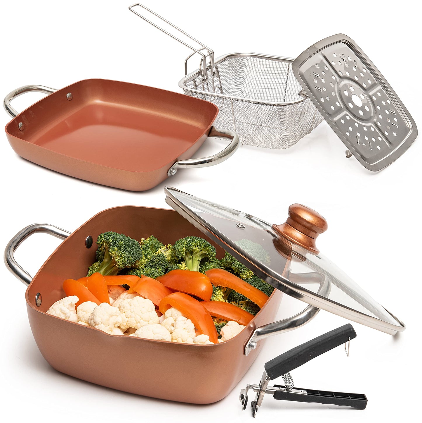 Moss & Stone 6 Pcs Copper Chef Cookware Non Stick Deep Frying Pan 9.5" x 3.5", Fry Basket, Steamer Rack, Dishwasher & Oven Safe, 5 Qt Deep Square Pot & Non Stick Pan, Induction Copper Cookware Set