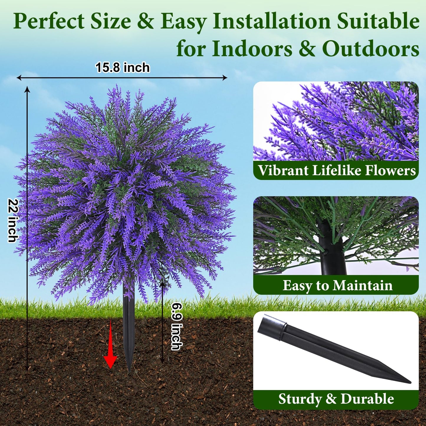 Dolicer 2 Sets Artificial Topiary Ball Trees for Outdoor, 22Inches Lavender Fake Bushes Plants with Ground Spike, Large UV Resistant Artificial Shrubs for Garden Front Yard Porch Patio Home Decor