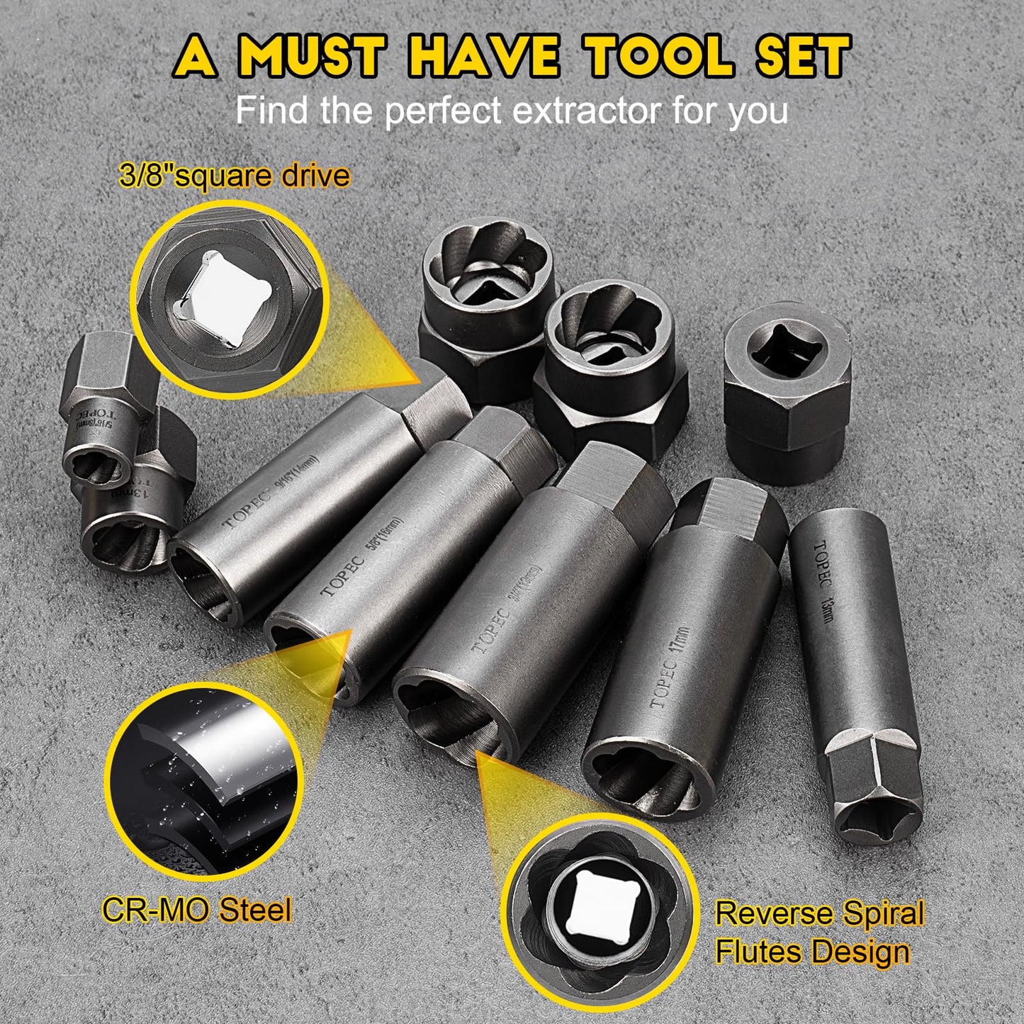 Topec Deep Bolt Extractor Set 28PCS, 3/8" Drive Bolt Extractor Kit, Spark Plug Extractor Socket Set, Lug Nut Removal Tool for Stripped, Broken, Rounded Bolts Lug Nut Stud Remove