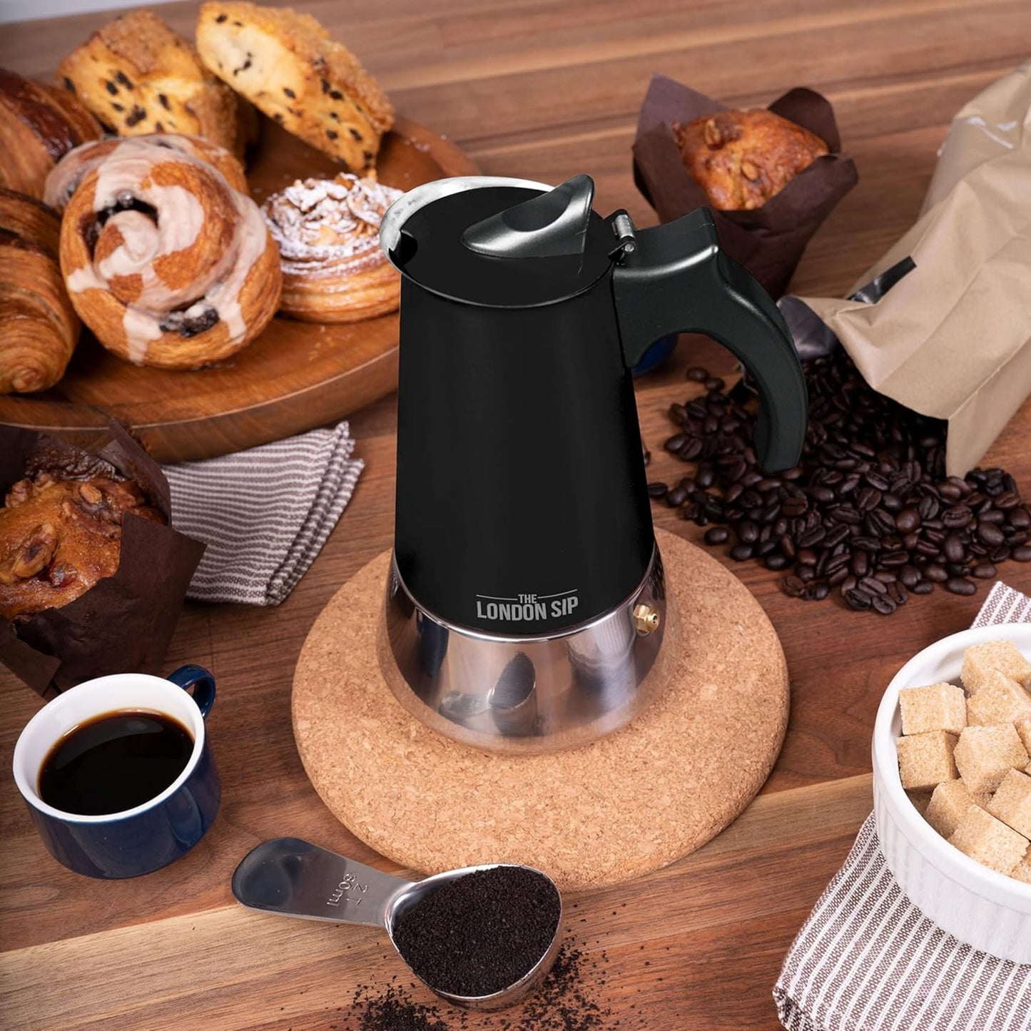 London Sip Stainless Steel Stovetop Espresso Maker Moka Pot Italian Coffee Percolator, Matte Black, 10 Cup