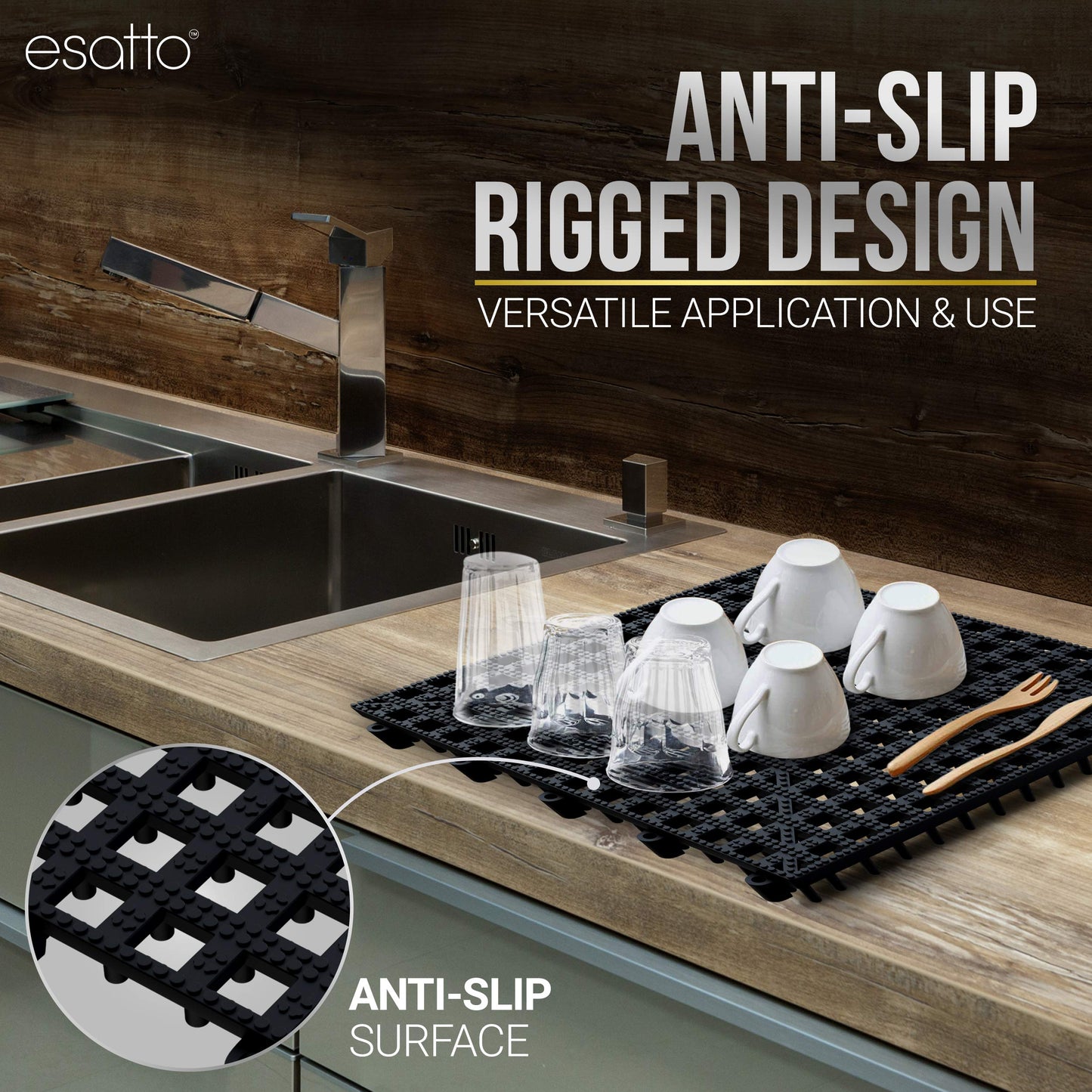 Esatto 12 Pack Interlocking Shelf Mats 12″, Black – For Spills, Clean Bars, Stain Protection, and an Anti-slip Surface