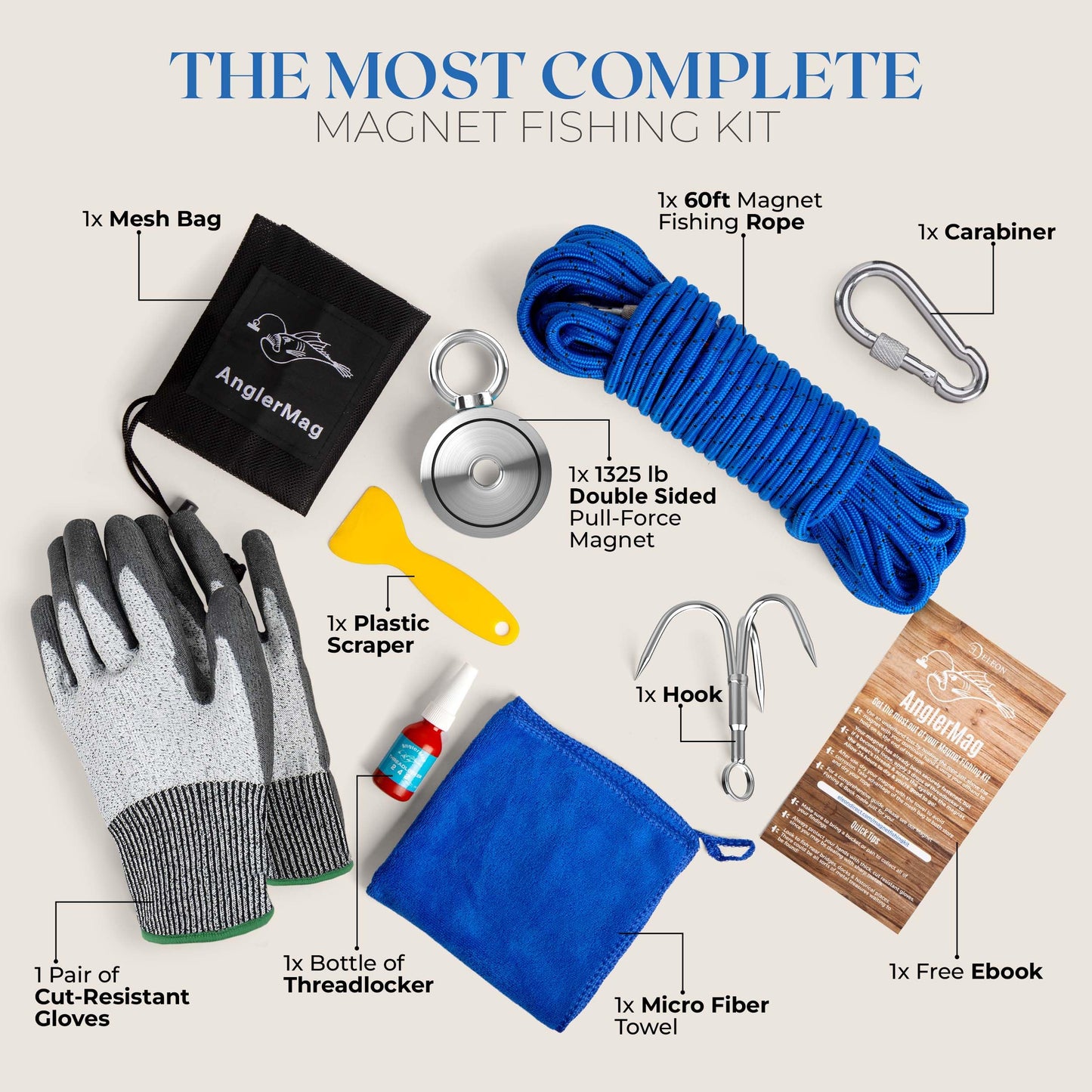 AnglerMag Magnet Fishing Kit, 1325 lbs Double Sided Magnetic Fishing Kit with Rope, Carabiner, Gloves, Grappling Hook & Carrying Bag, 10 Piece Complete Set