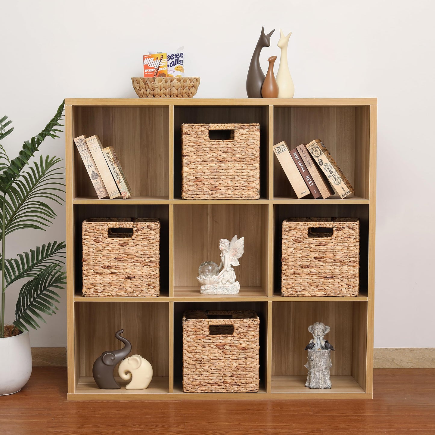 11x11x11in Water Hyacinth Storage Baskets, 11 Inch Cube Storage Bins, Woven Baskets for Storage, Wicker Storage Basket for Shelves Set of 3