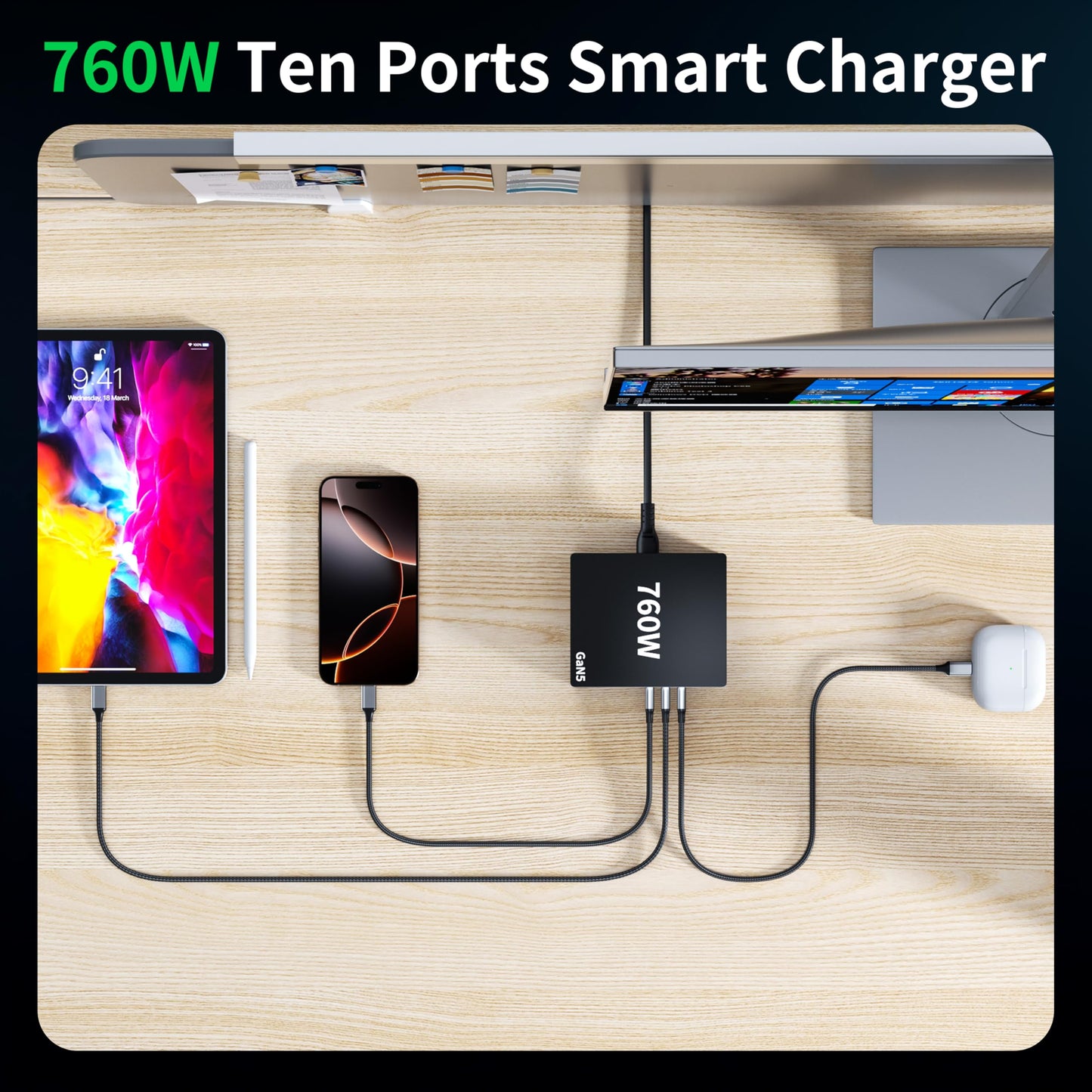 760W USB C Charger Block, 10 Port Fast Charging Station Hub PD 100W MacBook Charger Compatible with iPhone 17 Pro Max/Air/16 SE/15/MacBook Pro/Air/All iPad Max/Samsung Galaxy Note S25/Z Fold