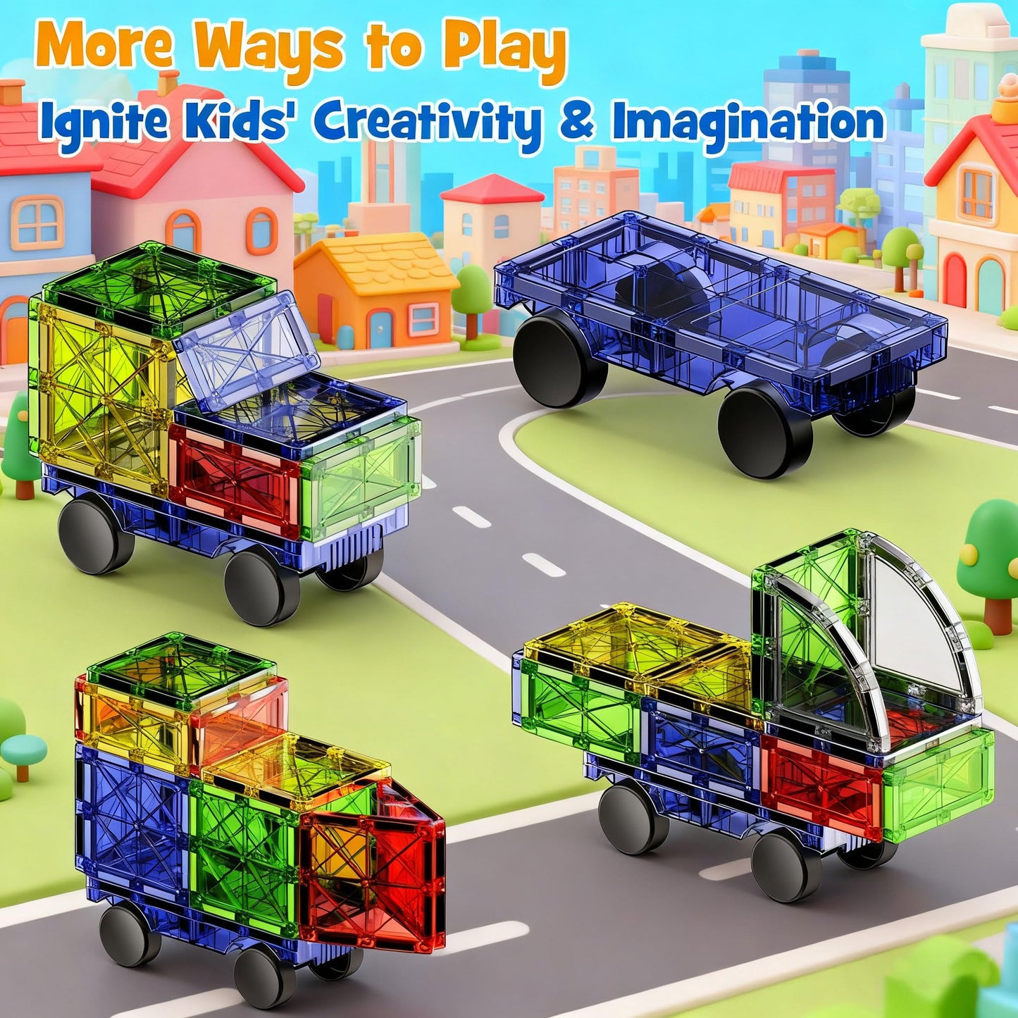 WMXDU 2-in-1 Magnetic Tile Downhill & Road Set - 40PCS Magnetic Building Blocks with Car, Montessori Preschool Toys for 3+ Year Old Boys & Girls, Ideal Sensory Toys for Toddlers