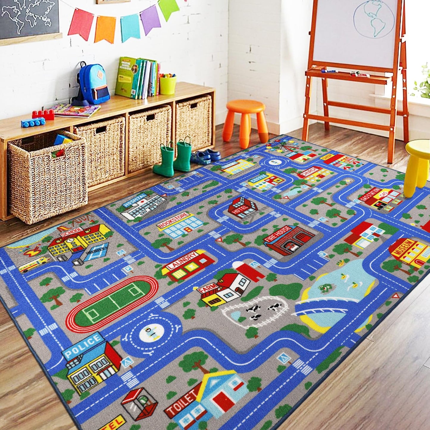 Capslpad Blue Car Road Kid Rug Carpet Playmat for Playoom Traffic Road Kids Play Mat for Toddler Non Slip Washable City Map Race Track Carpet Rug for Kids Room Bedroom Nursery Room Decor,5'x 6'6"