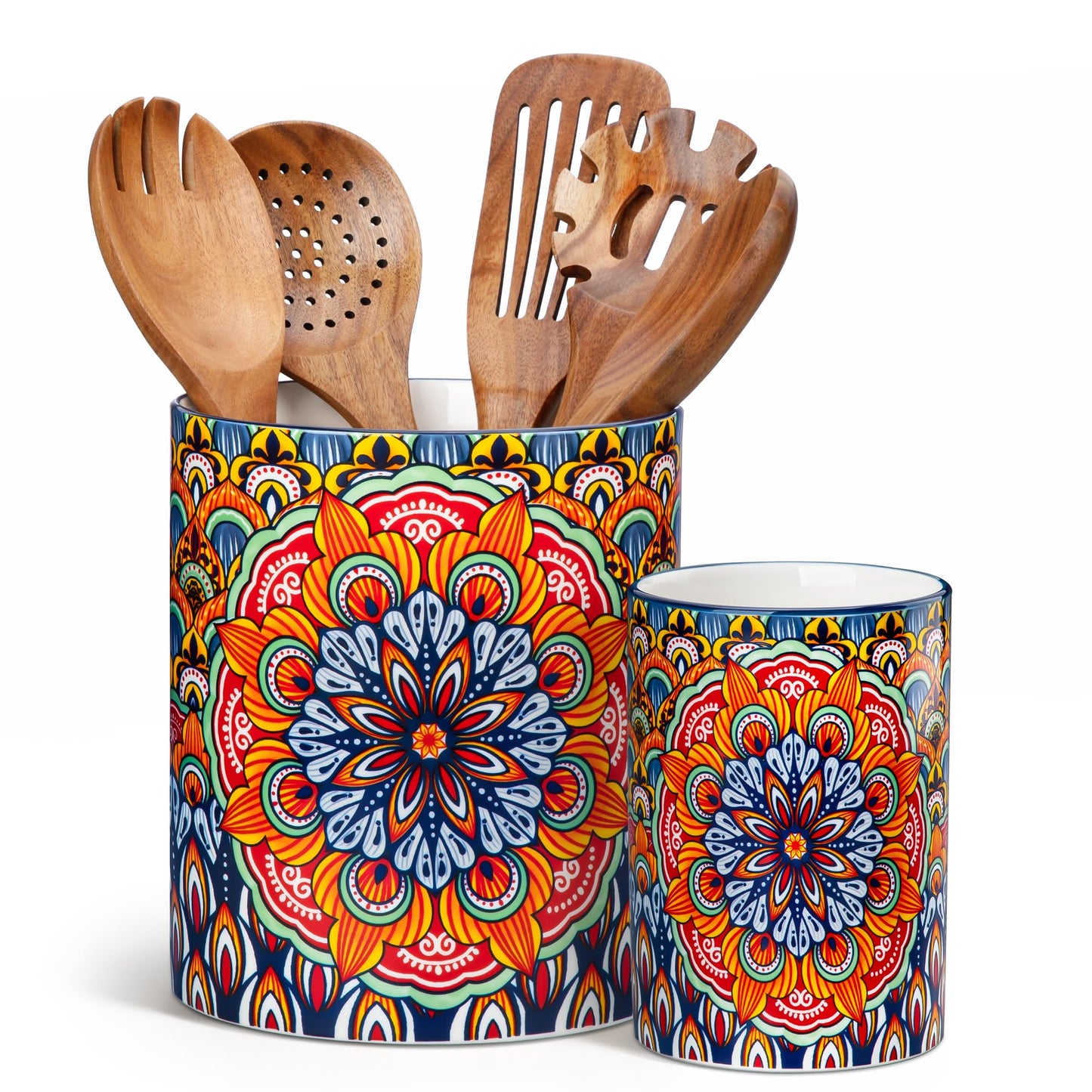 vancasso SIMI Utensil Holder, 7.3"+5.5" Porcelain Kitchen Utensil Holder for Countertop, Bohemian Kitchen Utensil Organizer for Spatulas, Spoons, Ladles, Decorative Counter Utensil Crock, Regal Bloom