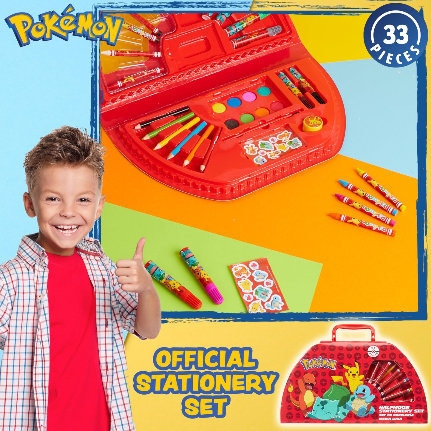Pokemon Art Supplies Set with Colouring Pencils Felt Tip Pens Watercolour Paints Wax Crayons for Drawing Painting Set Pikachu Travel Art Set Anime Gifts (Black/Red)