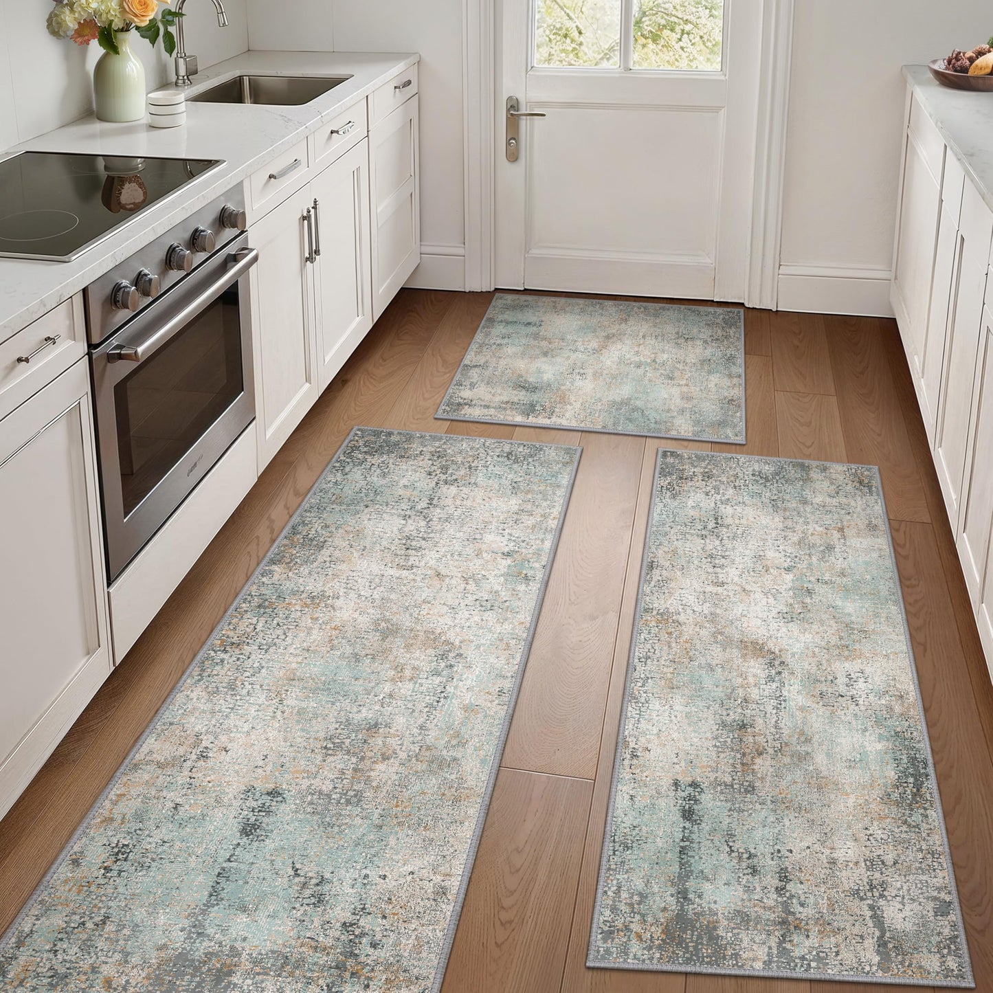 GENIMO Kitchen Rugs Sets of 3 Non Slip Washable Kitchen Mats for Floor, Waterproof Abstract Kitchen Runner Rug, Floor Mat Carpet for Hallway, Laundry, Sink, Entryway, Bathroom, Green&Brown
