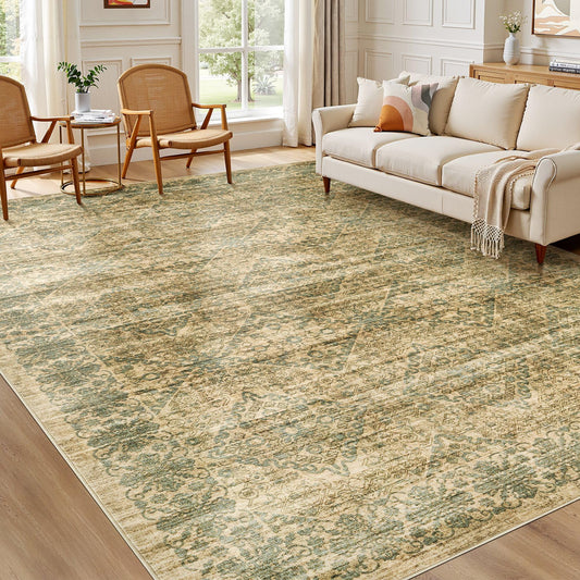 10x14 Area Rug Living Room: Washable Neutral Vintage Large Rugs Non-Slip Stain Resistant Soft Low Pile Indoor Retro Carpet for Bedroom Dining Room Under Table Office Playroom - Brown