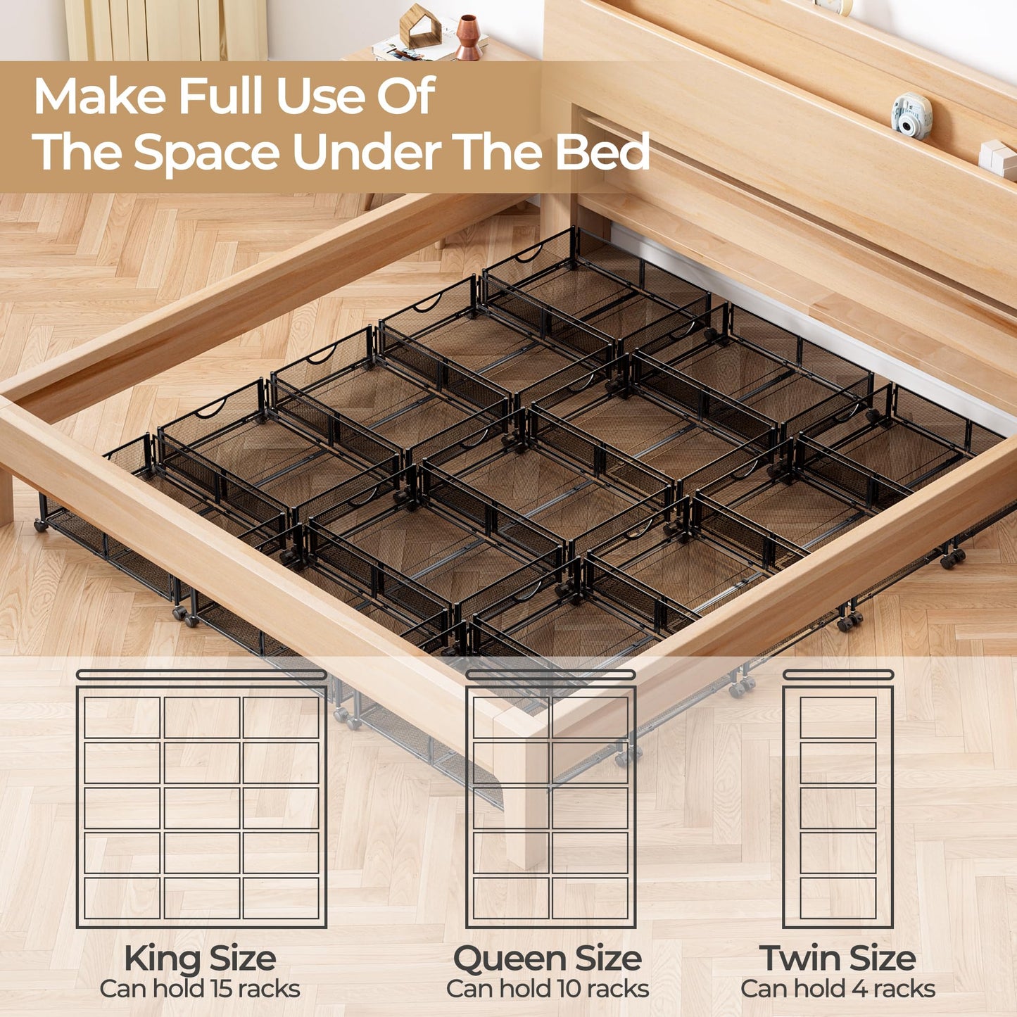 Yecaye Under Bed Storage with Wheels, 4 Pack Under Bed Shoe Storage Organizer Drawer, Tool-free Assembly Metal Underbed Storage Containers for Clothes, Shoes, Toys, Black