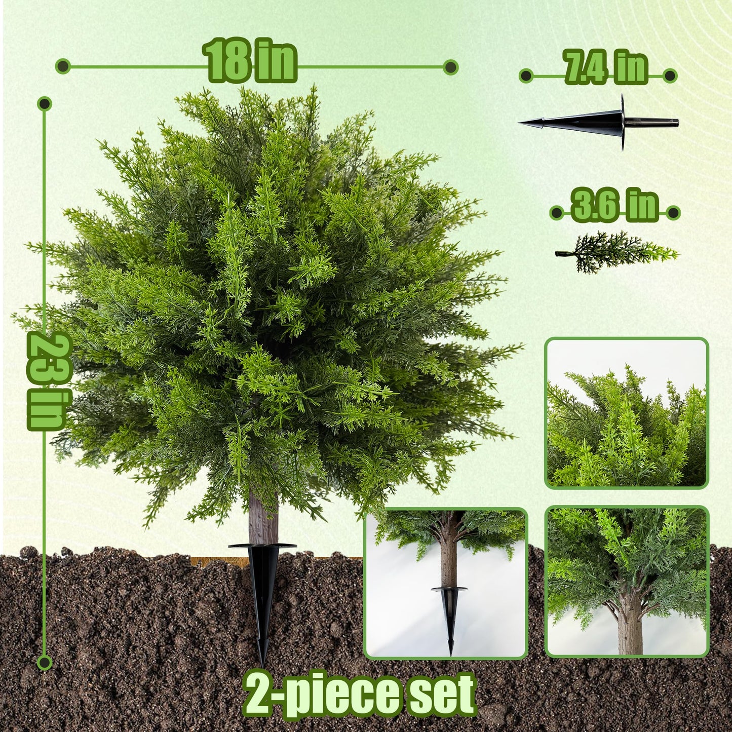 DOPGIB Artificial Cedar Topiary Ball Tree with Ground Spike: 23 Inch 2 Pack UV Resistant Faux Green Cypress Shrubs Plants Fake Bushes for Front Porch, Garden, Indoor and Outdoor Home Decor