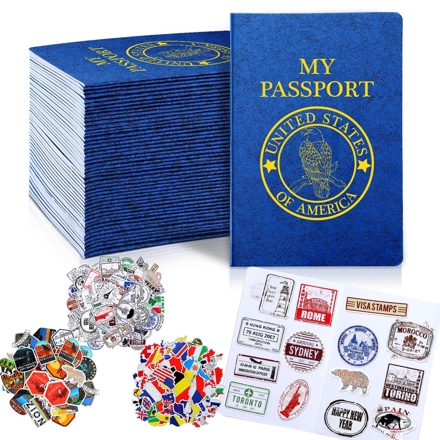 696 Pcs Kids Passport Book Set 48 Pcs Fake Passport Book with 648 Assorted Travel Stickers for Scrapbooks Party Favors Wall Decals Arts Crafts School Supplies Game Prizes Collections for Boys Girls