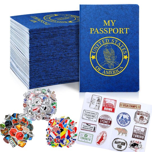 696 Pcs Kids Passport Book Set 48 Pcs Fake Passport Book with 648 Assorted Travel Stickers for Scrapbooks Party Favors Wall Decals Arts Crafts School Supplies Game Prizes Collections for Boys Girls