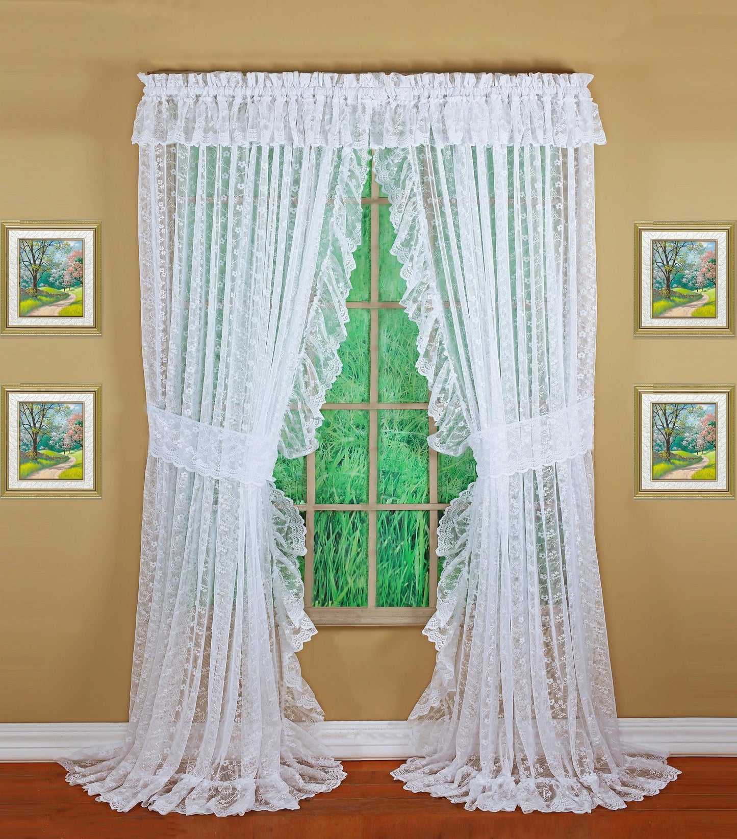 Today's Curtain, Priscilla Lace Bridal Ruffled Pair 63", White, 5-Piece-Set, 130" W x 63" L