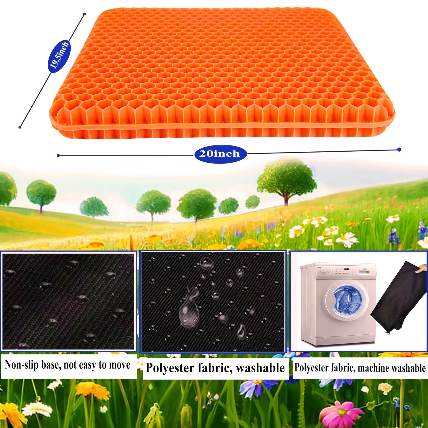 Plus Size Gel Seat Cushion for Long Sitting, Cooling Supportive Large Seat Cushion for Back, Hip, Sciatica, Tailbone Pain Relief, Use for The Office, Wheelchair, Car, Recliner, Stadium, Kayak.(Orange)
