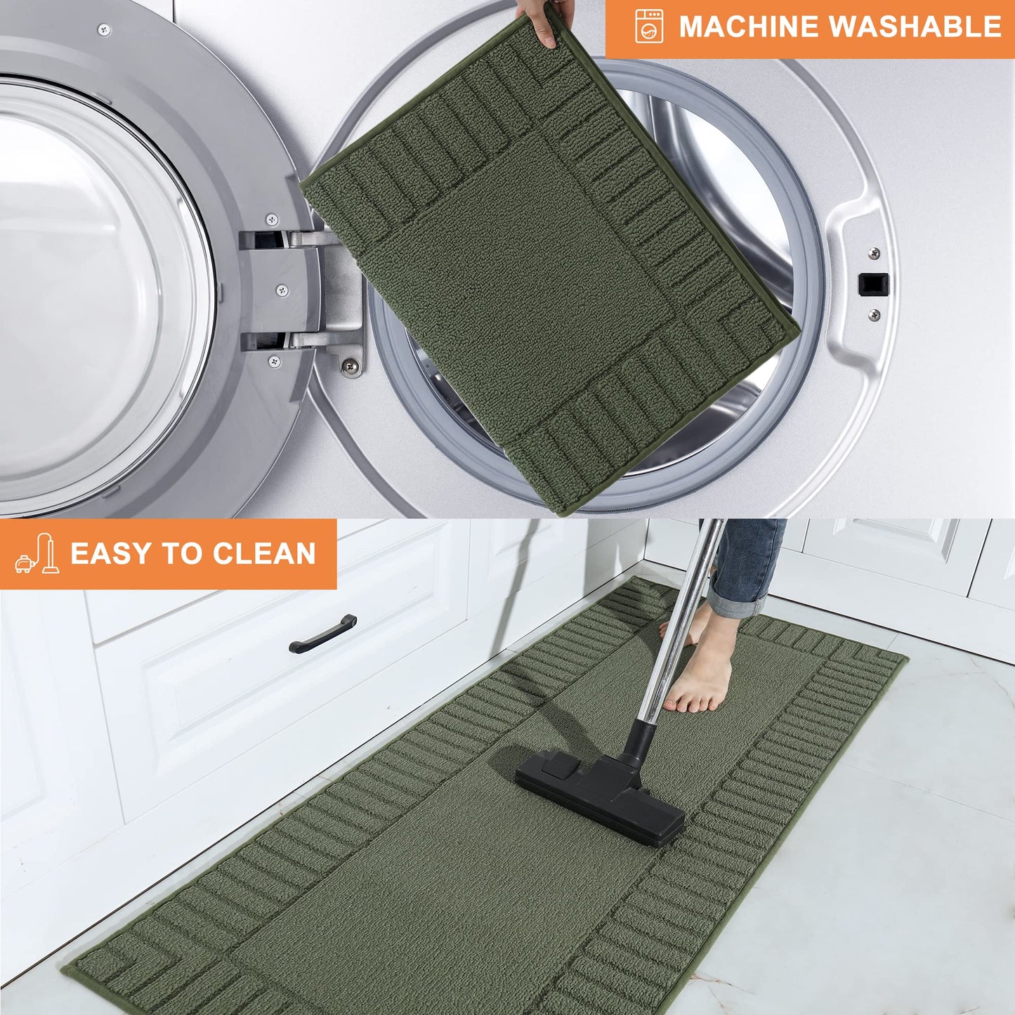 BEQHAUSE-Kitchen-Rugs-Non-Slip-Kitchen-Mats-for-Floor Machine Washable Kitchen Rugs 2 Pieces Kitchen Carpet Runner with TPR Backing,Green,24x35inch/24x60inch