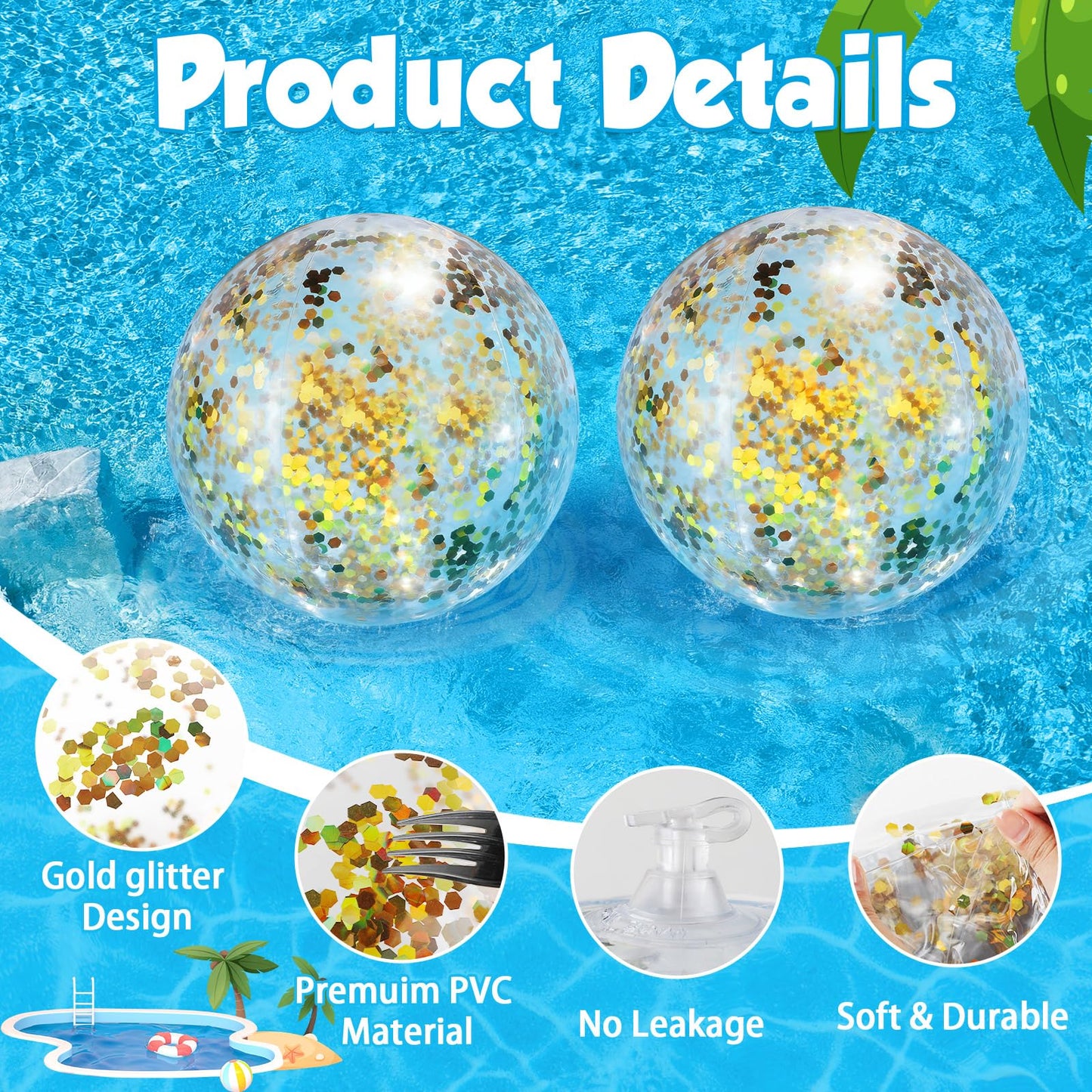 QOUBAI 12 Pack Gold Glitter Beach Beach Balls 16" Large Inflatable Sparkly Confetti Pool Balls Glitter Pool Toys PVC Jumbo Sport Ball for Birthday Hawaiian Halloween Wedding Christmas Party Favor