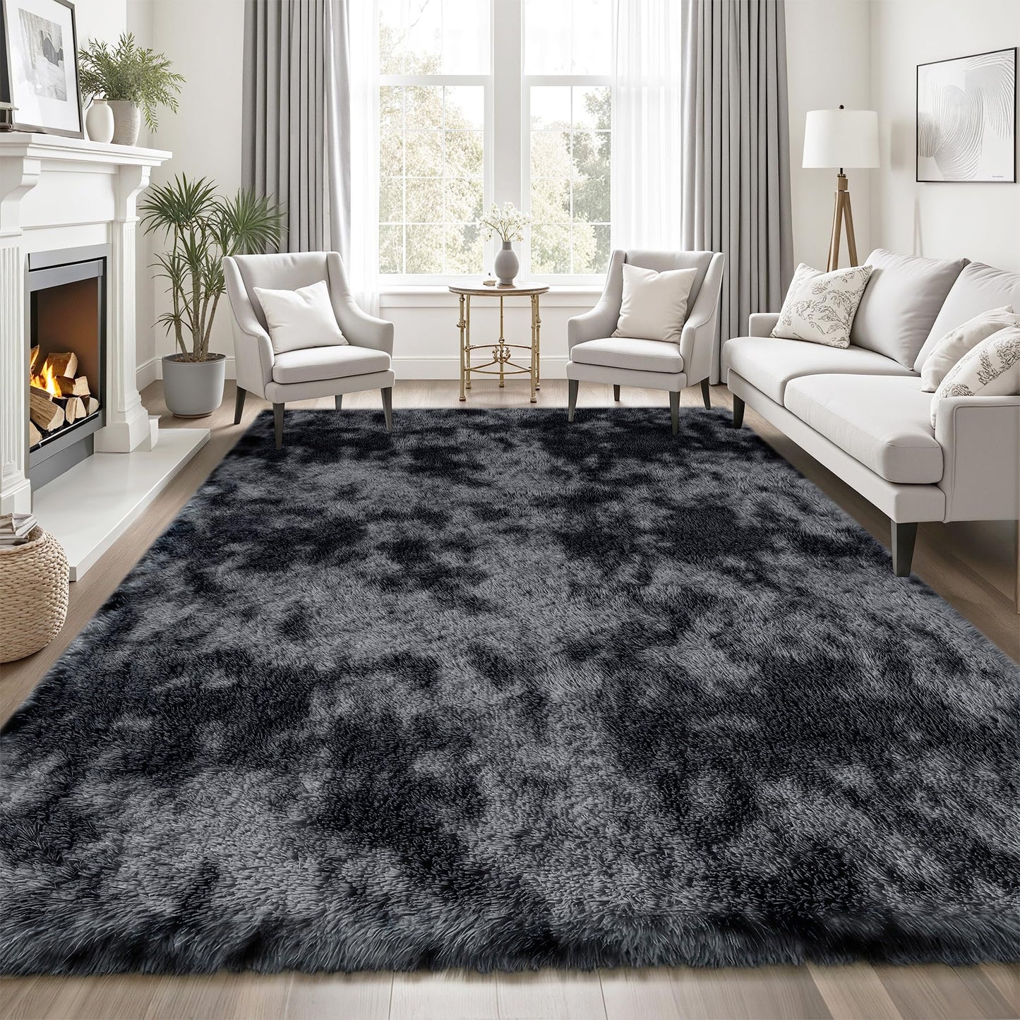 8x10 Area Rugs for Living Room Bedroom: Black Grey Soft Fluffy Shag Upgrade Non-Slip High Pile Carpet Large Fuzzy Plush Indoor Floor Decor Shaggy Rug for Kid Boys Girls Playroom Nursery Modern Home
