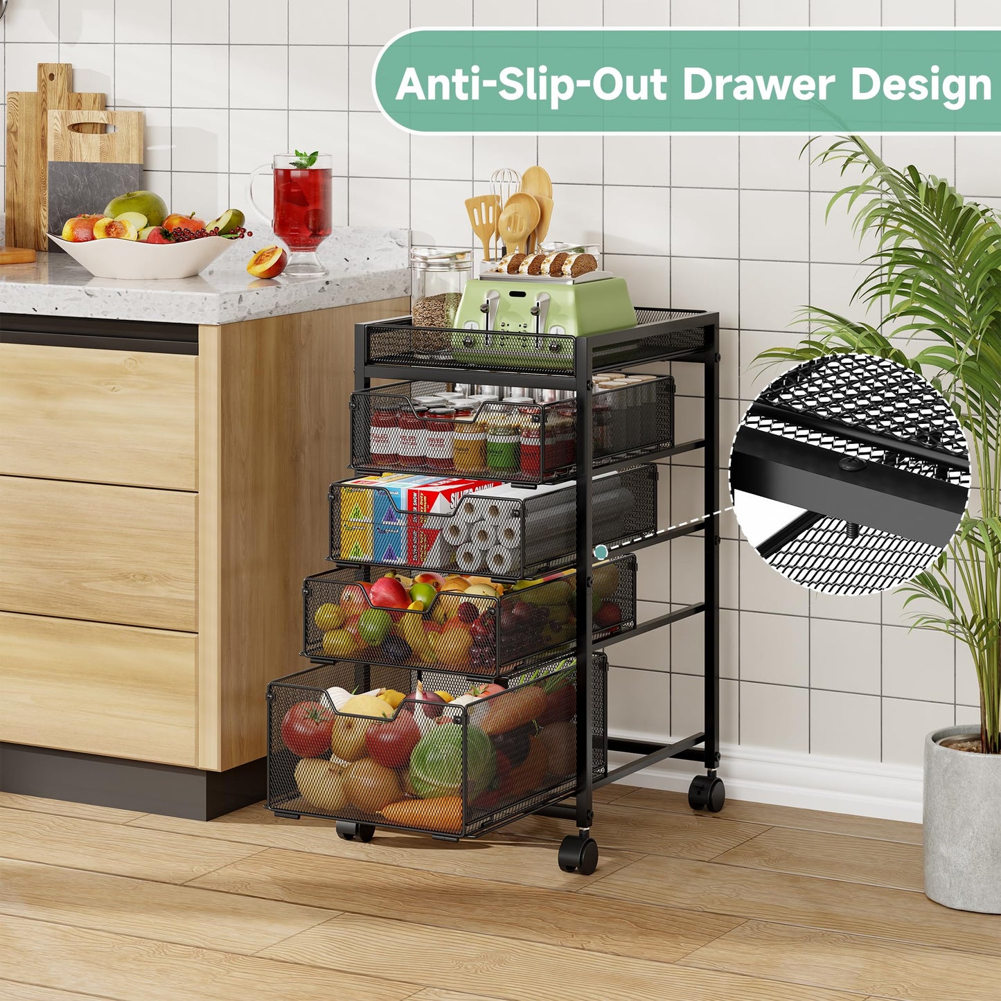 keomaisyto 5-Tier Kitchen Storage Cart with Top Basket & Drawers, Fruit and Vegetable Storage Rack on Wheels, Metal Rolling Cart with Drawers & Kitchen Organization for Snacks, Potatoes, Onions, Cans