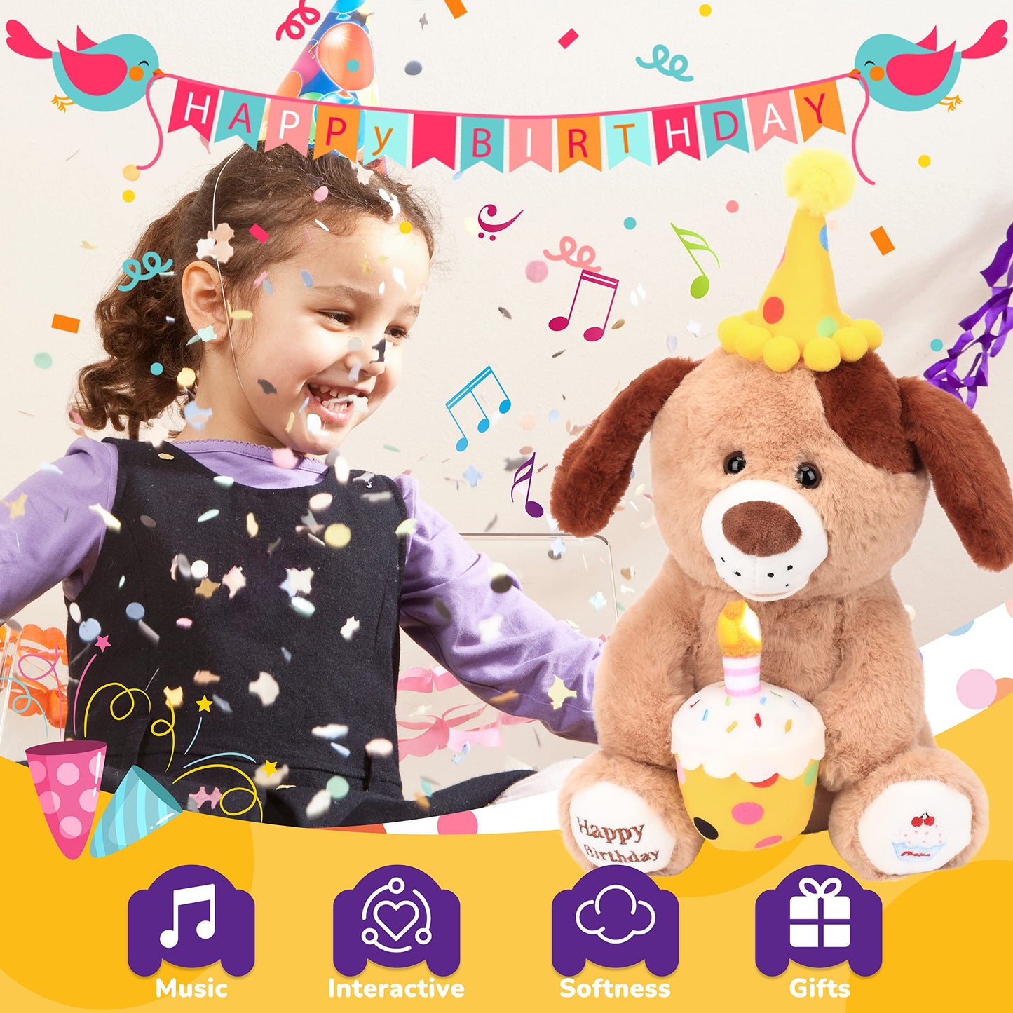 Hopearl Adorable Happy Birthday Dog with Glowing Cupcake Musical Stuffed Animal Puppy Singing and Shaking Plush Toy Interactive Animated Kids Gift, Brown, 15''