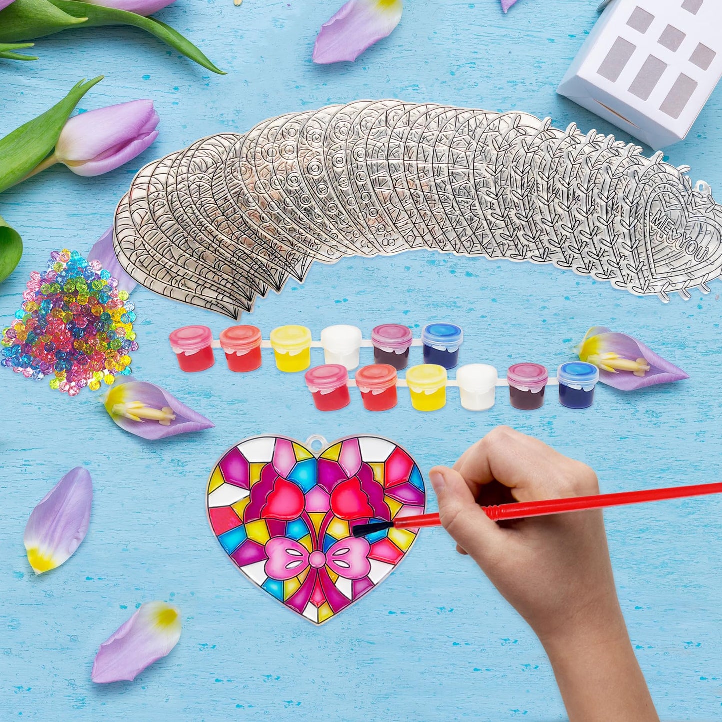 Ayhuhra 28 Sets Heart Suncatchers for Windows Valentine's Day Suncatcher Craft Kits DIY Window Paint Art Heart Sun Catchers for Classroom Art Craft Mother's Day Party Supplies