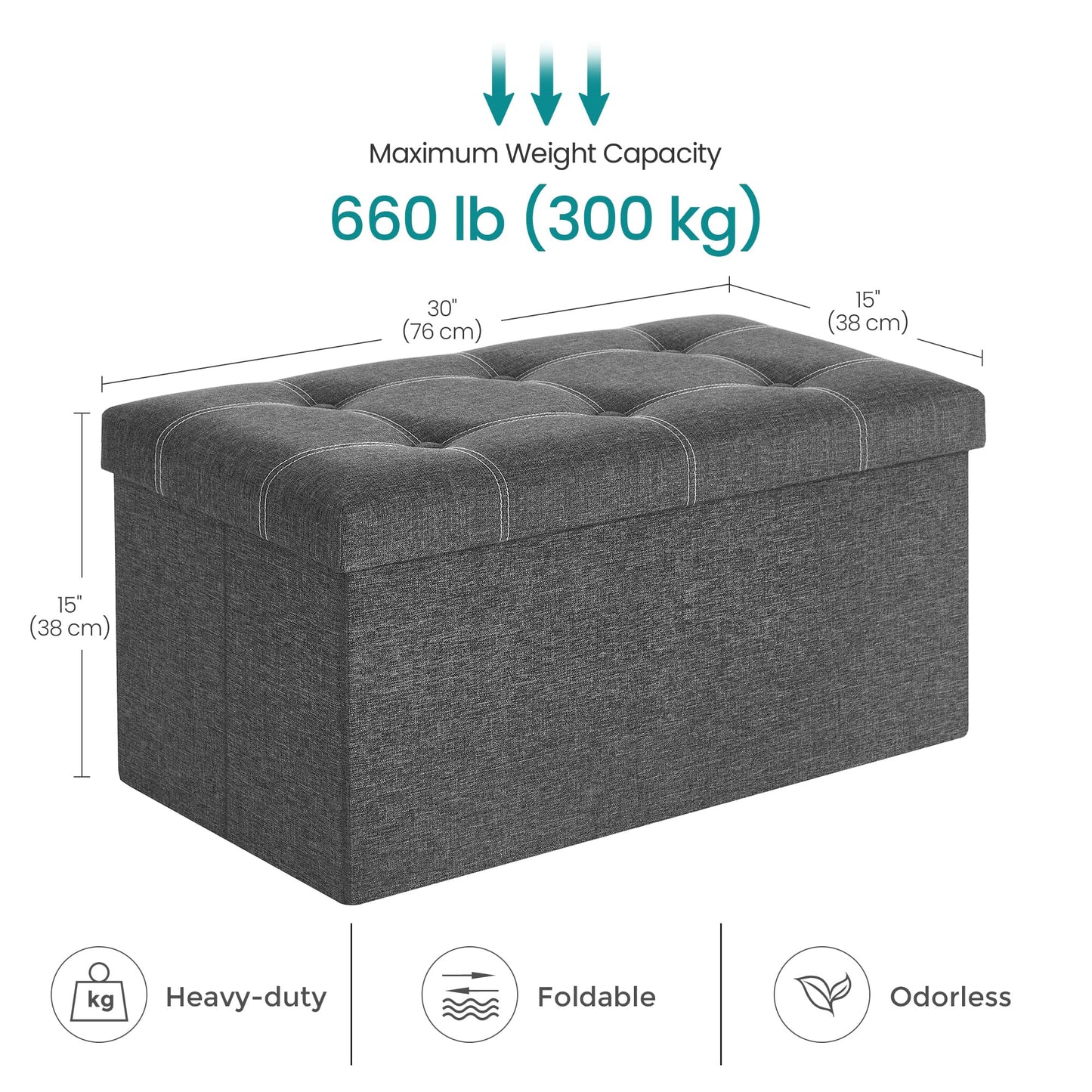 SONGMICS Mazie Collection - 30 Inches Ottoman Storage Bench, 21 Gal. Folding Chest with Breathable Linen-Look Fabric, Load up to 660 lb, for Entryway, Living Room, Bedroom, Dark Gray ULSF001G01
