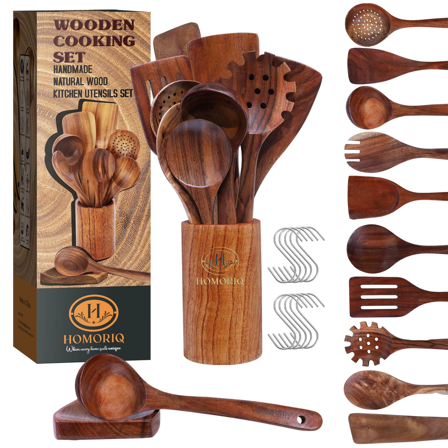 12-Piece Premium Teak Wooden Cooking Utensils Set – Heat-Resistant Spoons & Spatulas with Holder and Spoon Rest | Non-Stick Safe, Lightweight Natural Wood Kitchen Tools