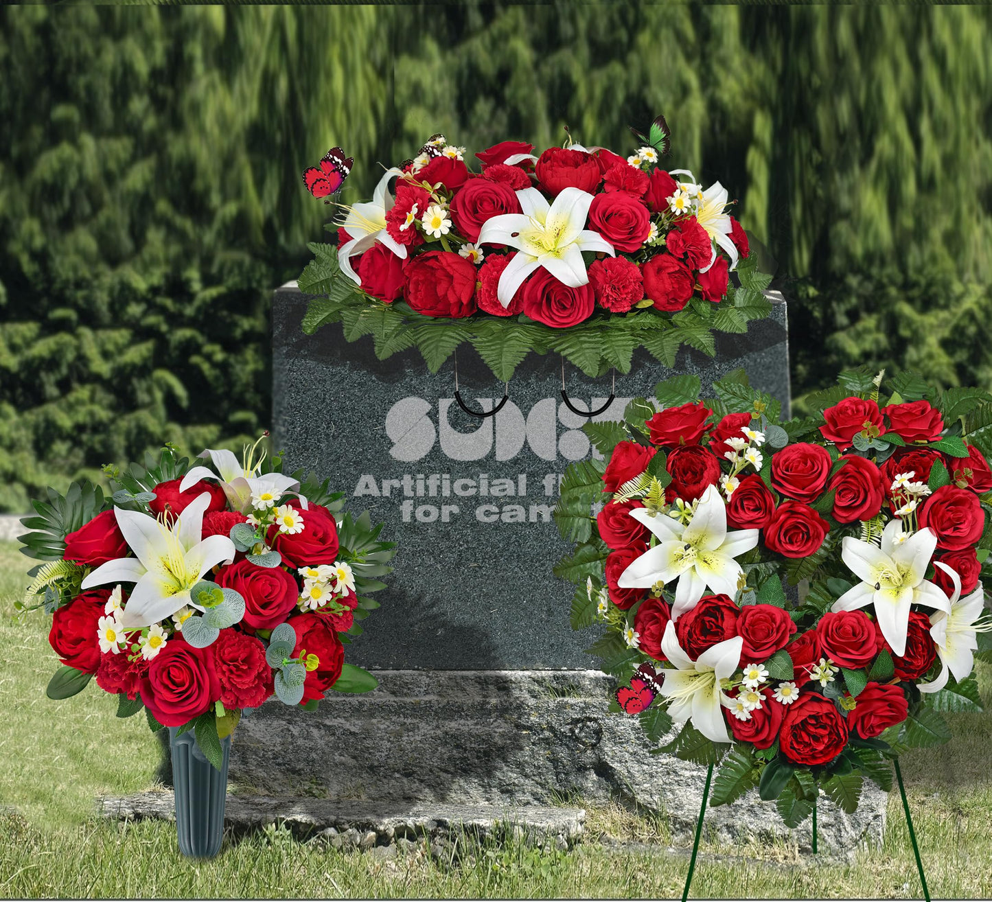 SUHOOKOO Cemetery Flower - Ebullient Remembrance Standing Heart, Grave Wreath with Easel Stand,Memorial Floral-Red Rose Hibiscus/White Lily-27 Inch