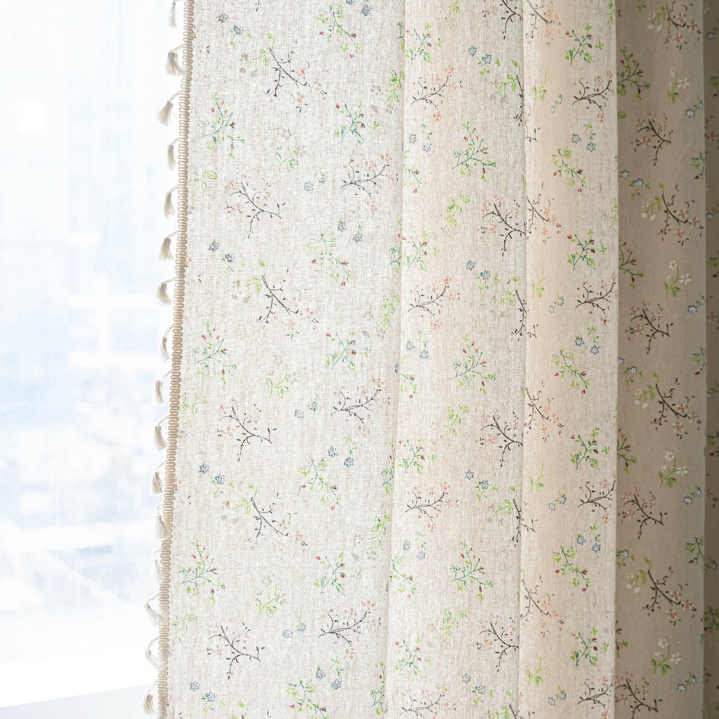 ENJOYBRIDAL Floral Bedroom Curtains 84 Inch Length 2 Panels Set Farmhouse Semi Sheer Living Room Drapes Cotton Linen Blend Bohemian Window Curtain Panels with Tassel Beige Rod Pocket Drapes