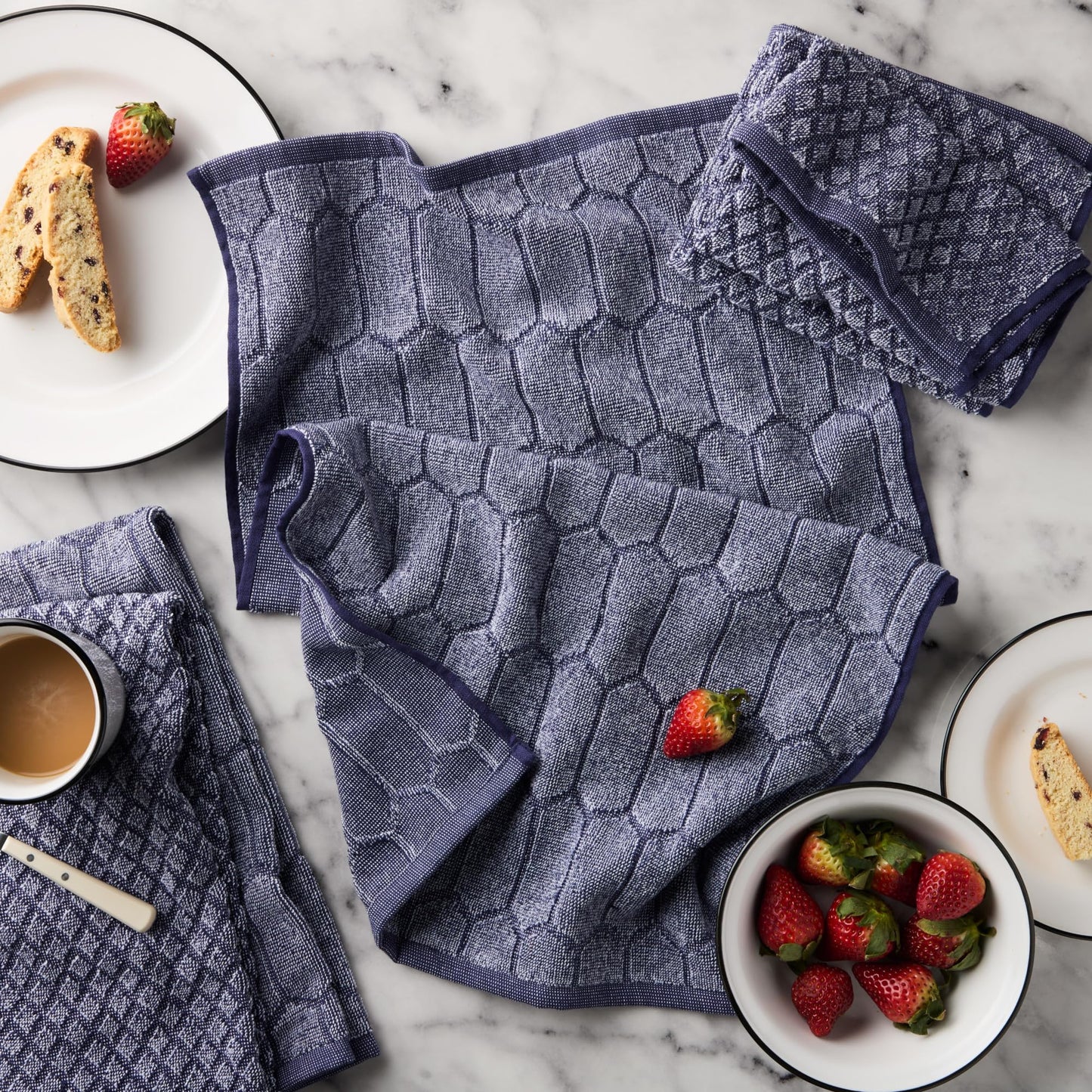 Martha Stewart Honeycomb Chambray Textured Kitchen Towel 4-Pack Set, 100% Cotton with Absorbent Terrycloth, Decorative Kitchen Towels, Navy Blue, 16"x28"