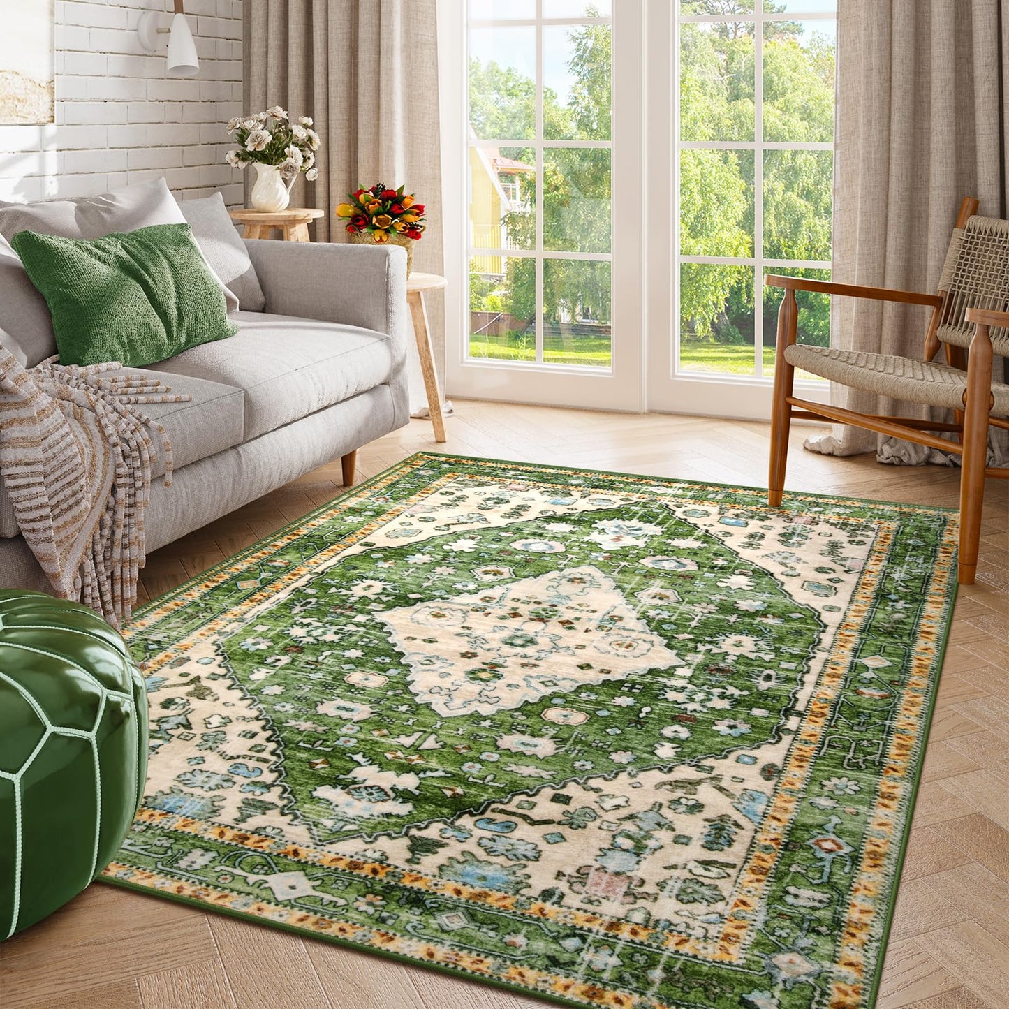 Lahome Boho Tribal Area Rug - 4x6 Green Machine Washable Bedroom Rugs for Living Room, Disstressed Soft Non Slip Indoor Nursery Floor Mat Carpet for Kitchen Table Home Office Camper RV Bar